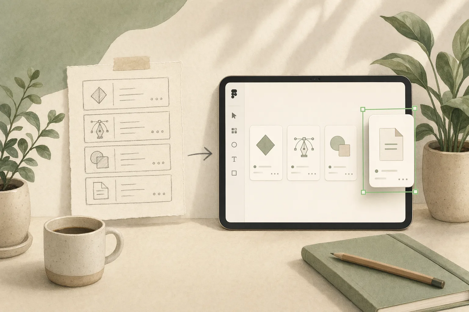 A warm editorial illustration of a row of AI design-tool cards on a scorecard, with one card — a plain-text design file you can keep — lifted out and held in a green selection frame, on a near-white paper ground with soft plants and a coffee mug