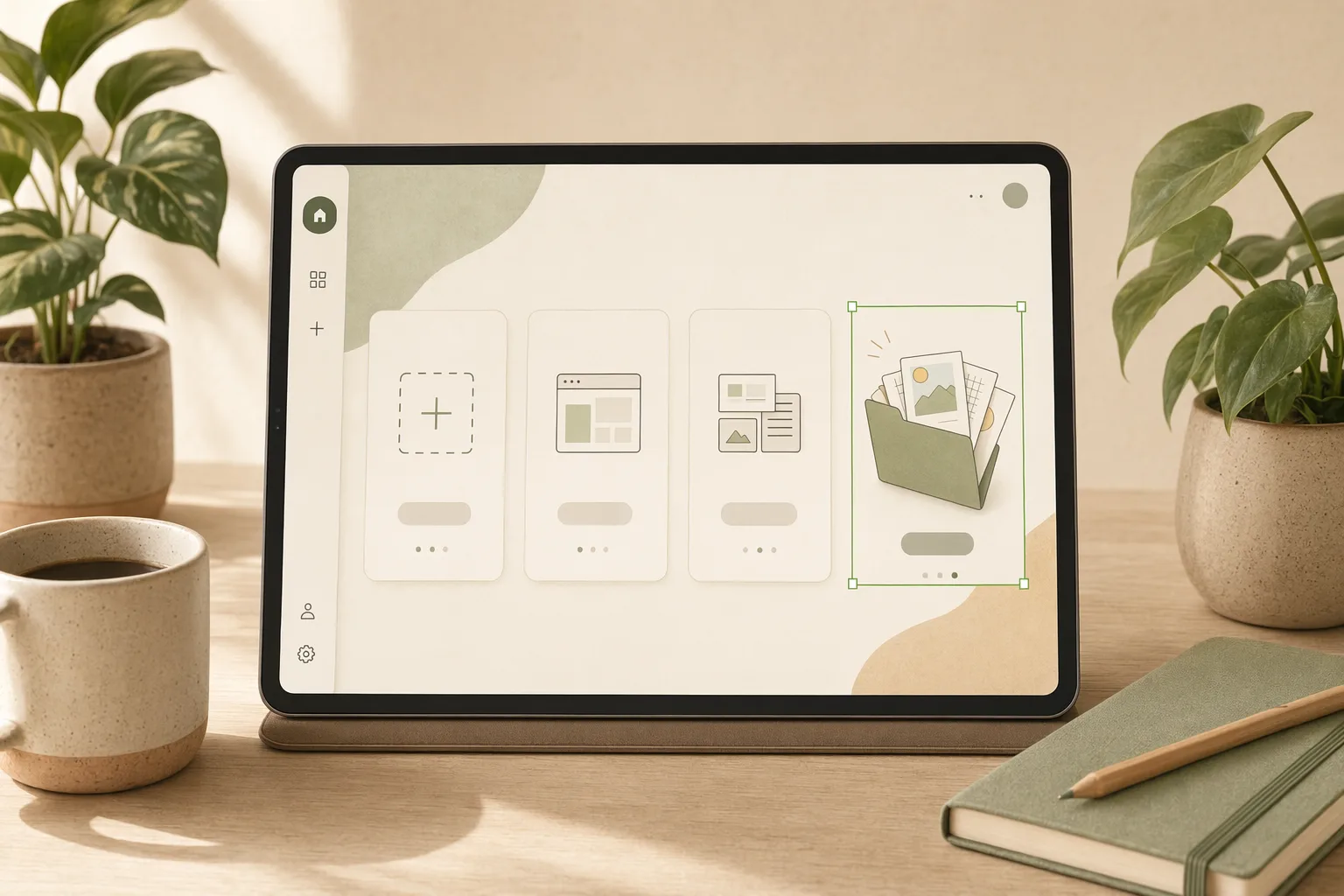 A warm editorial illustration of a row of AI app-builder cards on a desk, with one card — an open folder of portable files you own — lifted out and held in a green selection frame, beside soft plants and a coffee mug