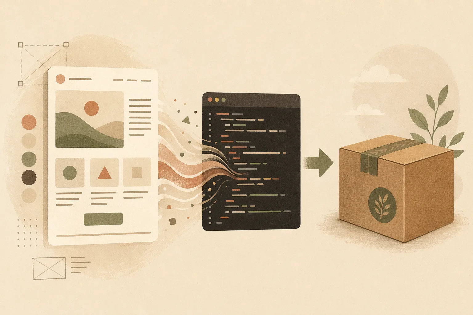 A warm editorial study plate showing a mockup and a code artifact converging on a single shared design-system file, drawn as connected engineering diagrams