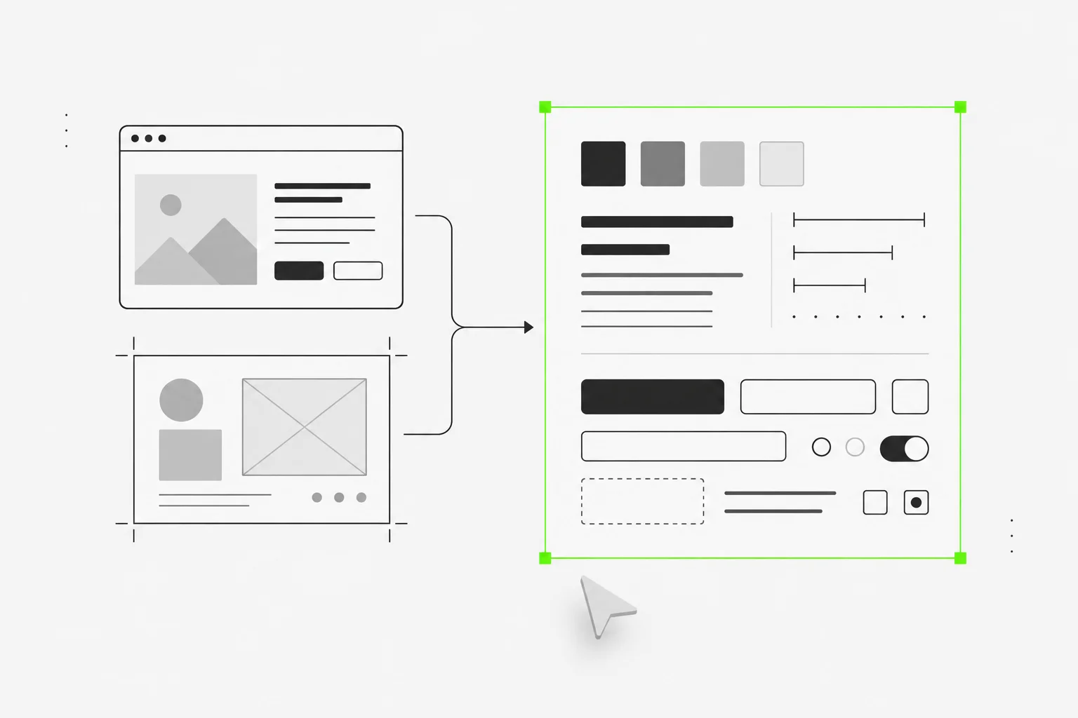 A website and a design canvas feed into an organized sheet of colors, type, spacing, and components.