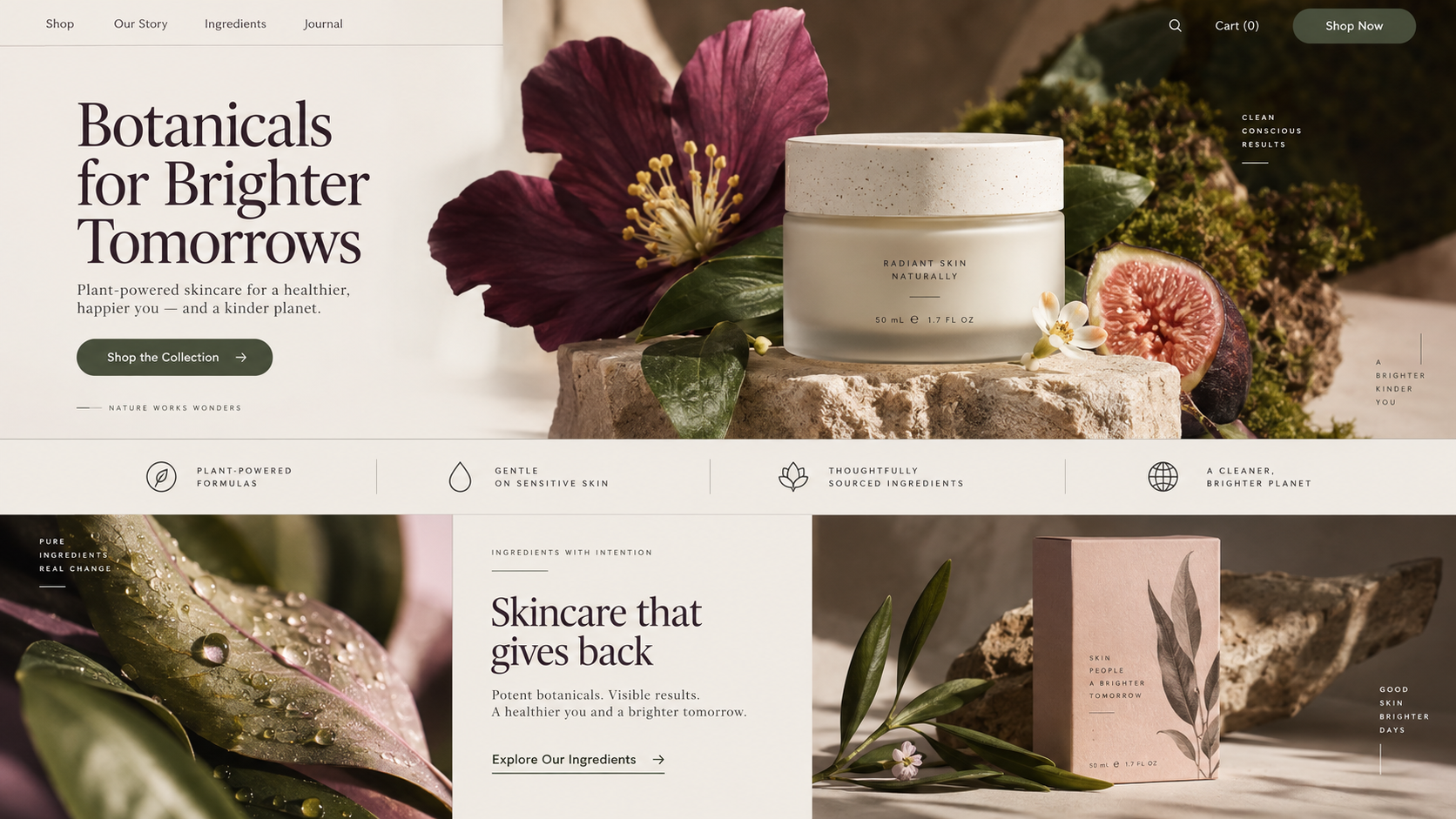 AI website builder for agencies example showing a complete desktop botanical skincare client website with editorial product photography, ingredient proof, campaign messaging, and shopping calls to action.