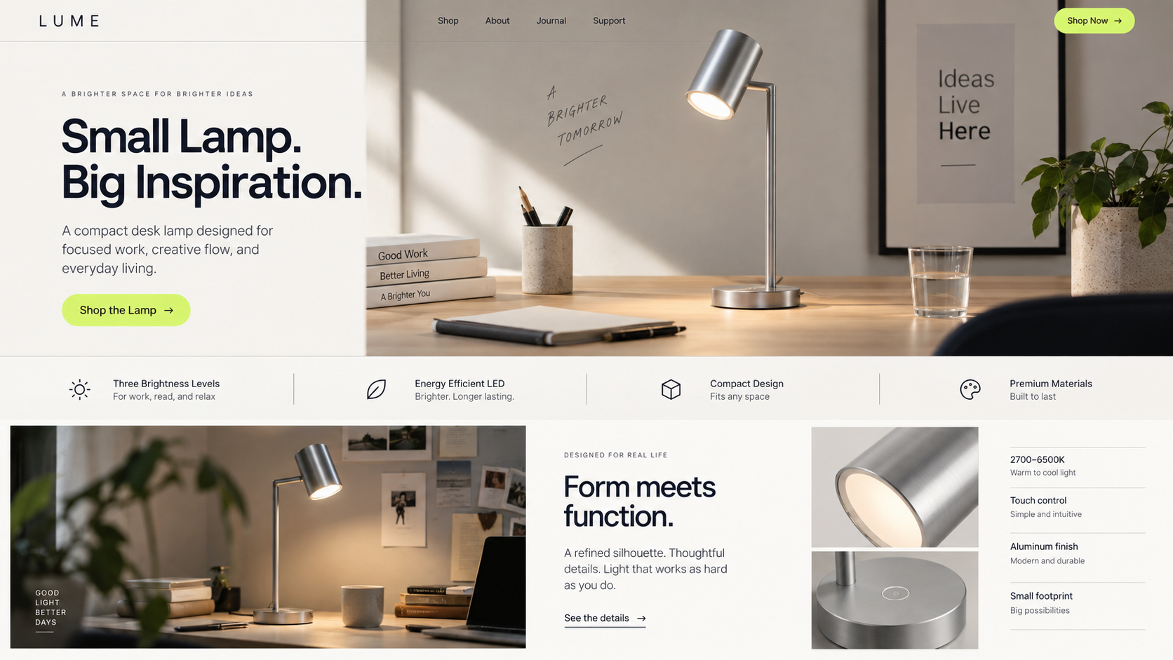 Free AI website builder example showing a complete desktop product-launch website for a compact desk lamp with product photography, benefits, specifications, and a shop call to action.