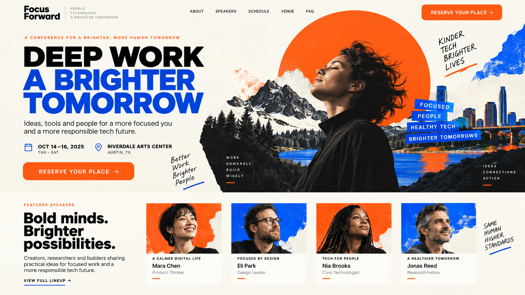 AI website builder for marketing teams example showing a complete desktop creative conference campaign with a bold event promise, date and venue, speaker proof, and registration call to action.