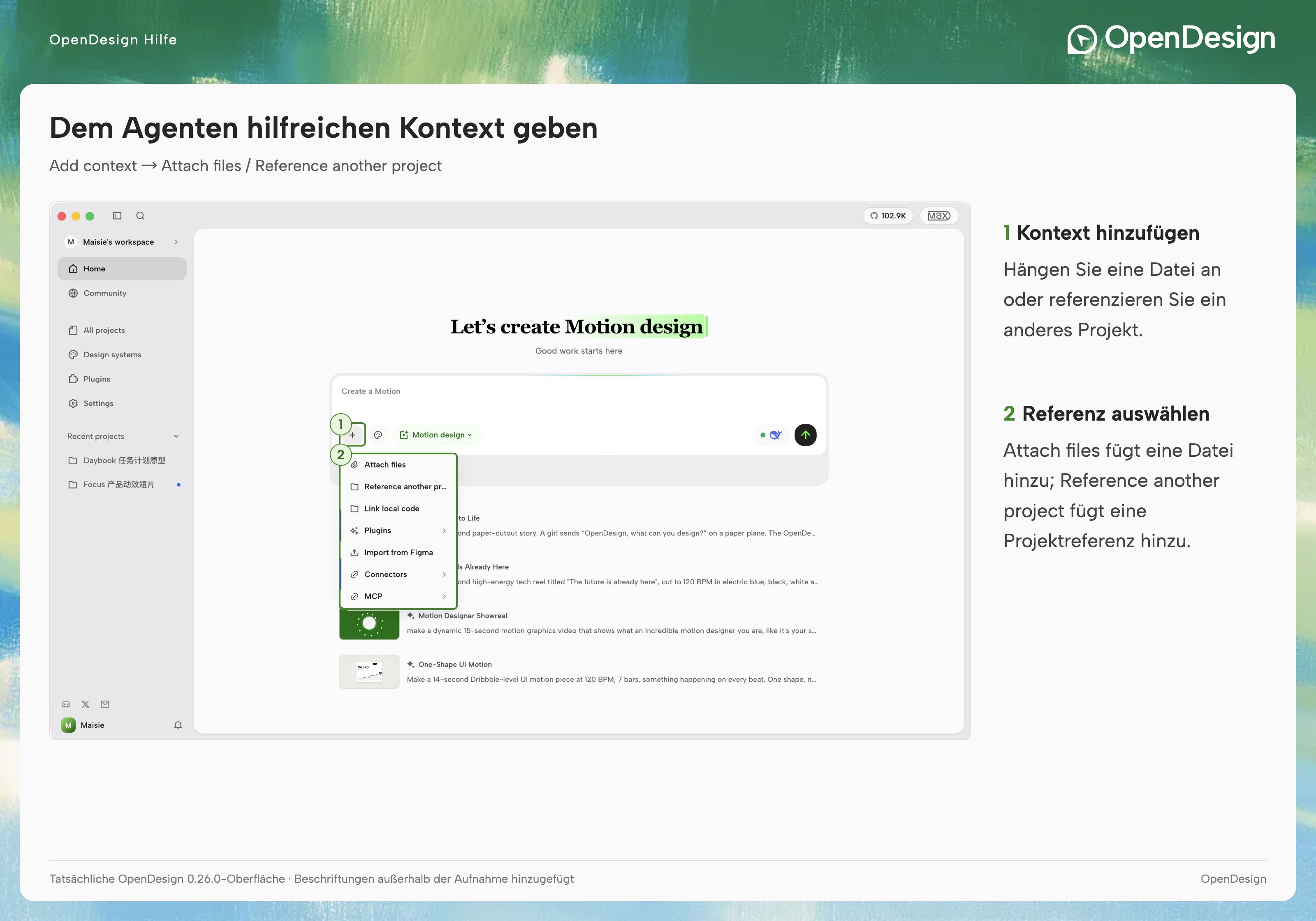 Kontexteingabe im Composer und angehängtes Referenzmaterial