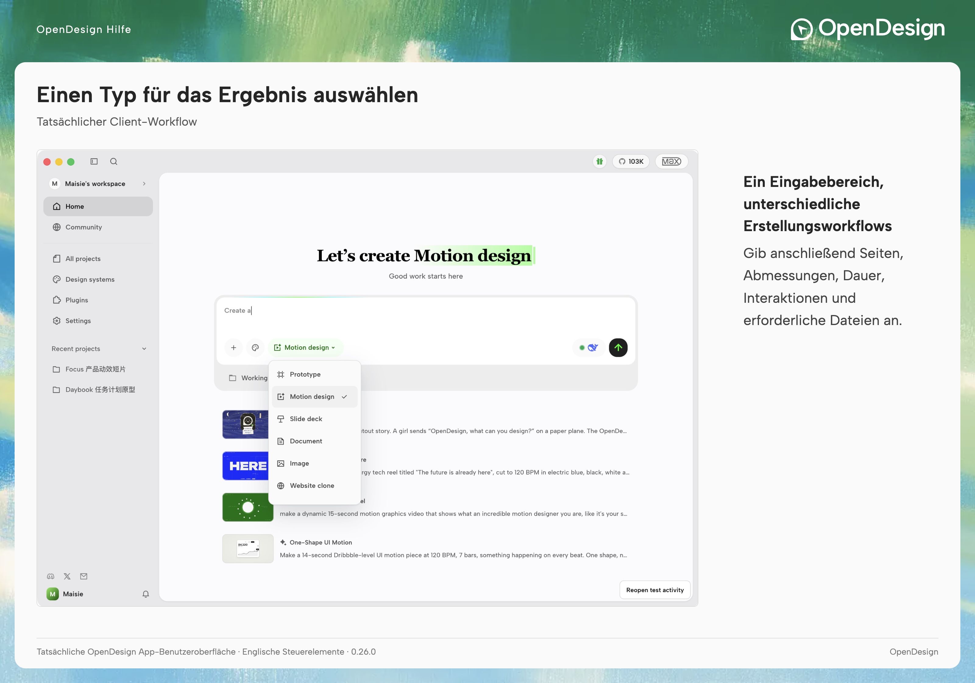Menü für Erstellungstypen auf Home mit den verfügbaren Workflows