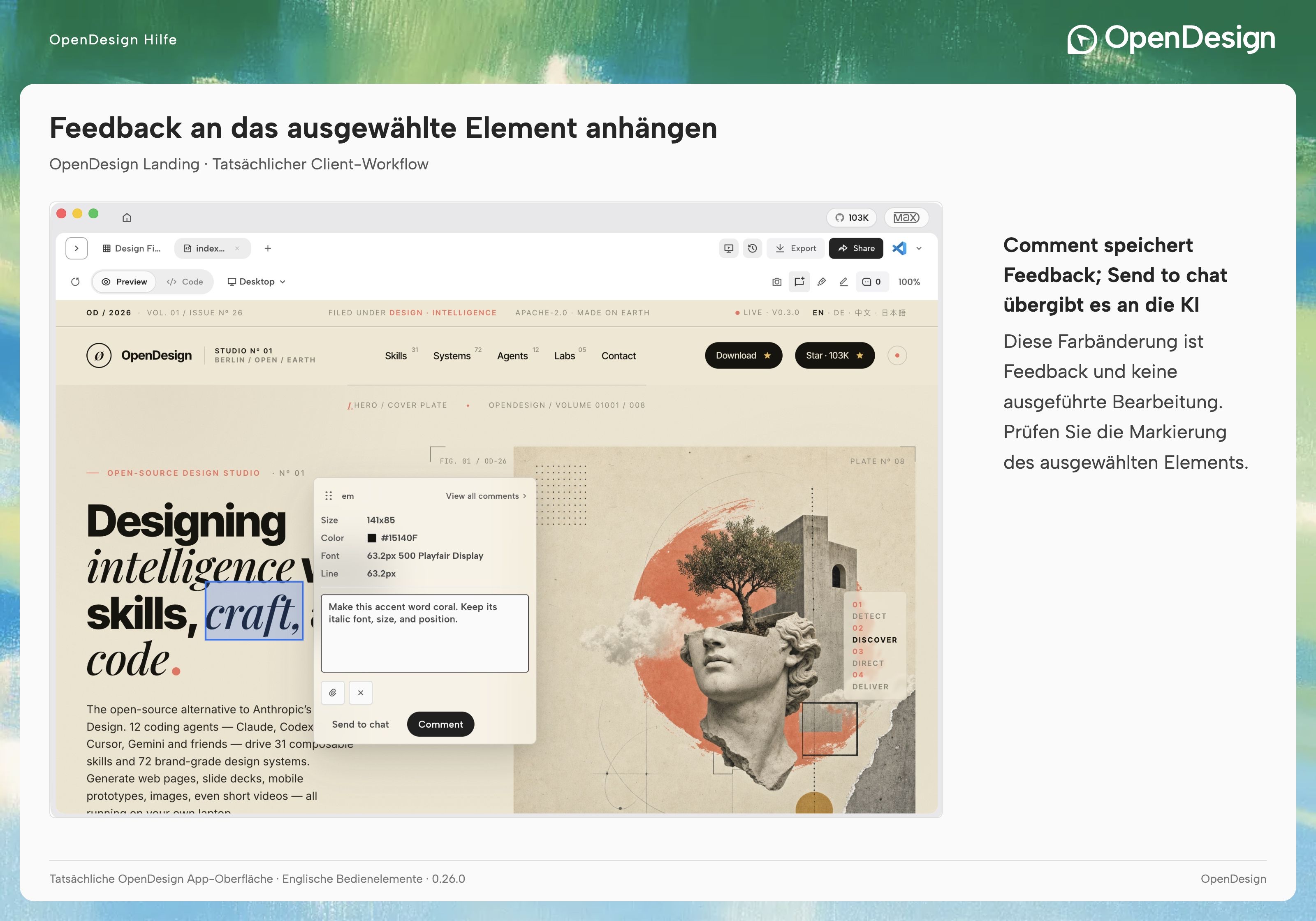 Ein Elementkommentar zum Akzentwort der OpenDesign Landingpage.