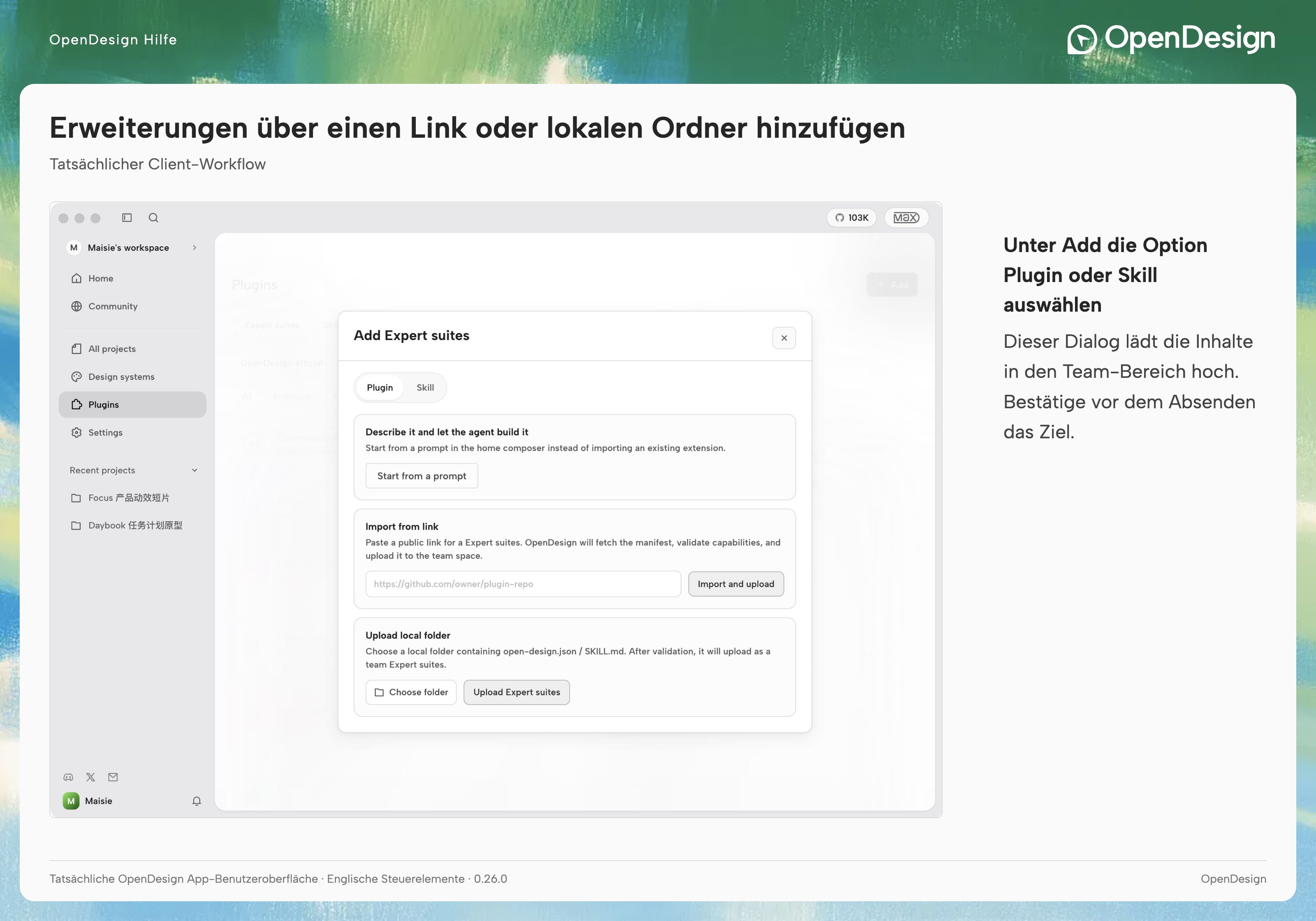 Add-Dialog mit den Optionen Plugin und Skill, Linkimport und Upload eines lokalen Ordners.