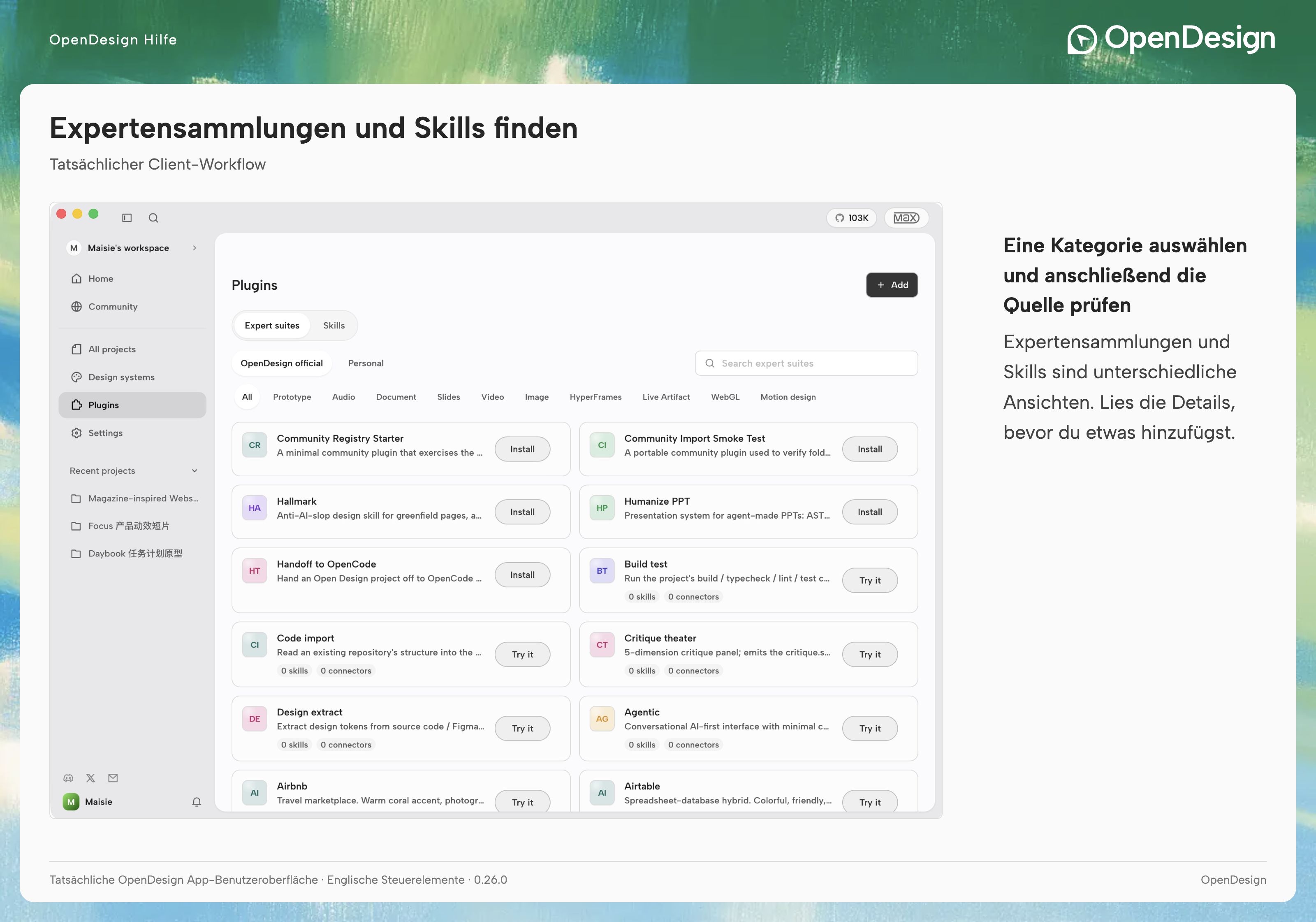 Plugins-Bildschirm mit Expert suites, Skills und Quellfiltern.