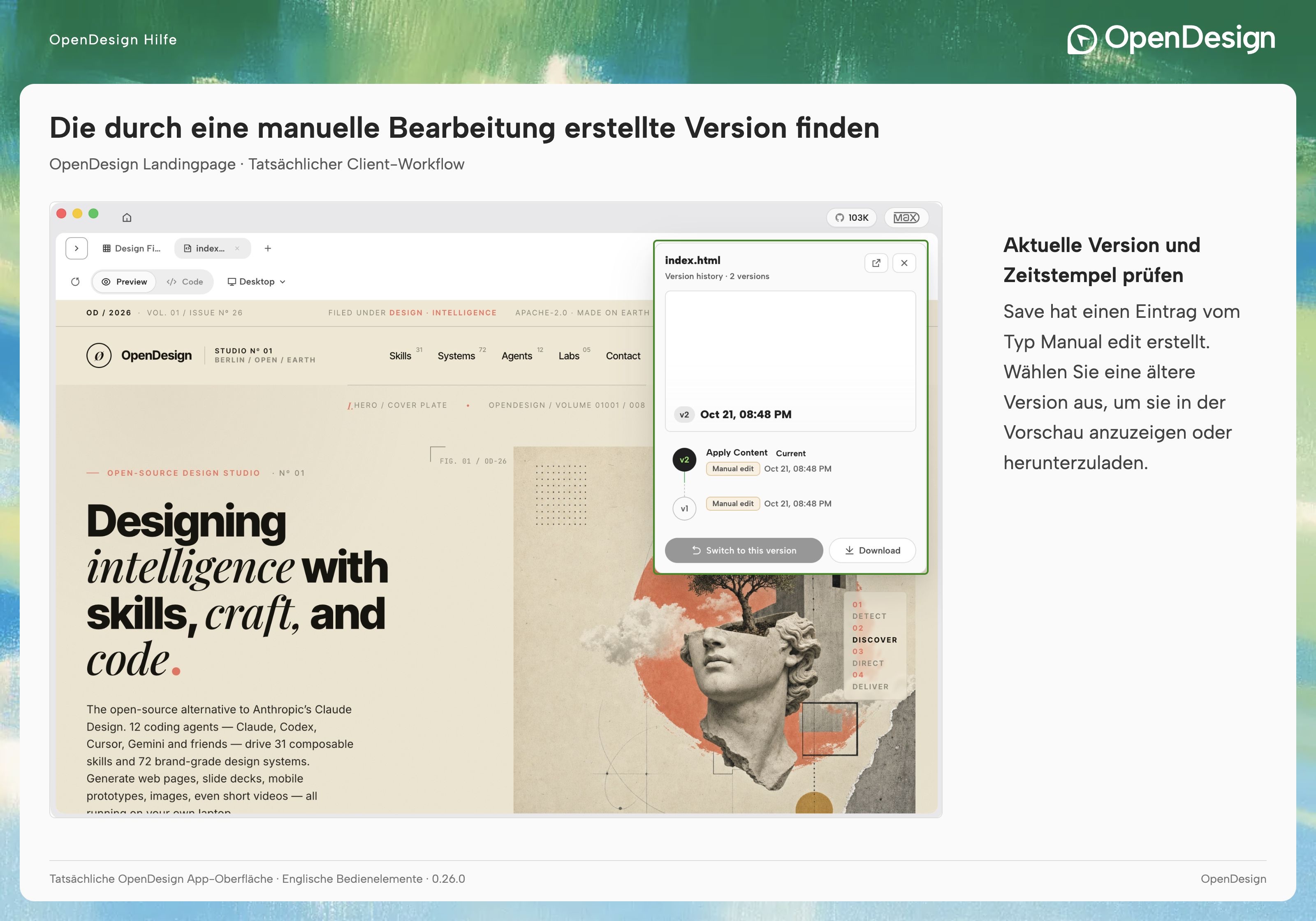 Öffne Versions über die Dateisymbolleiste, um die aktuelle Version und ihren Verlauf zu prüfen.