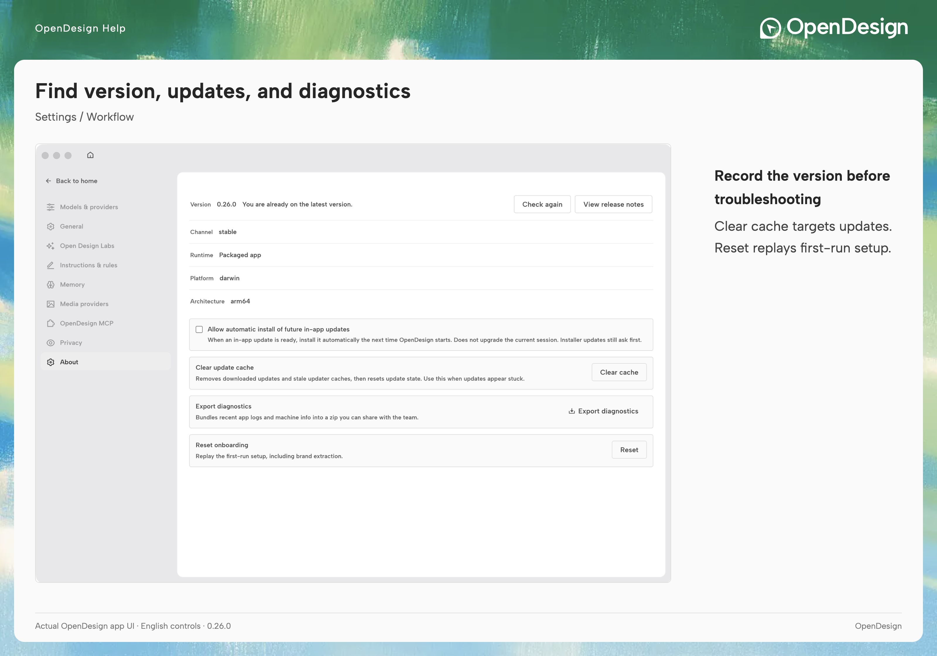 About with version details, update actions, and diagnostics