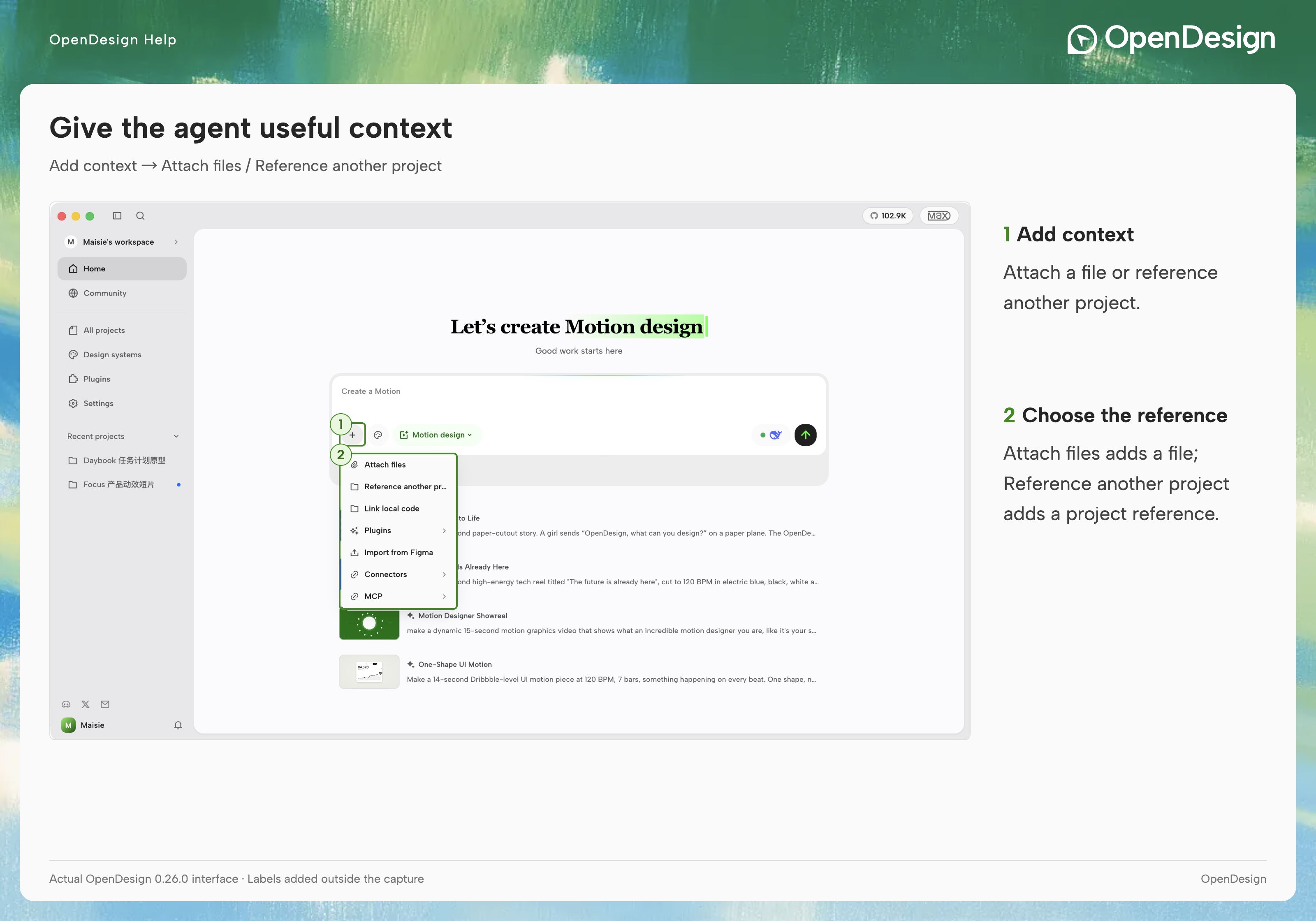 Composer context entry and attached reference material