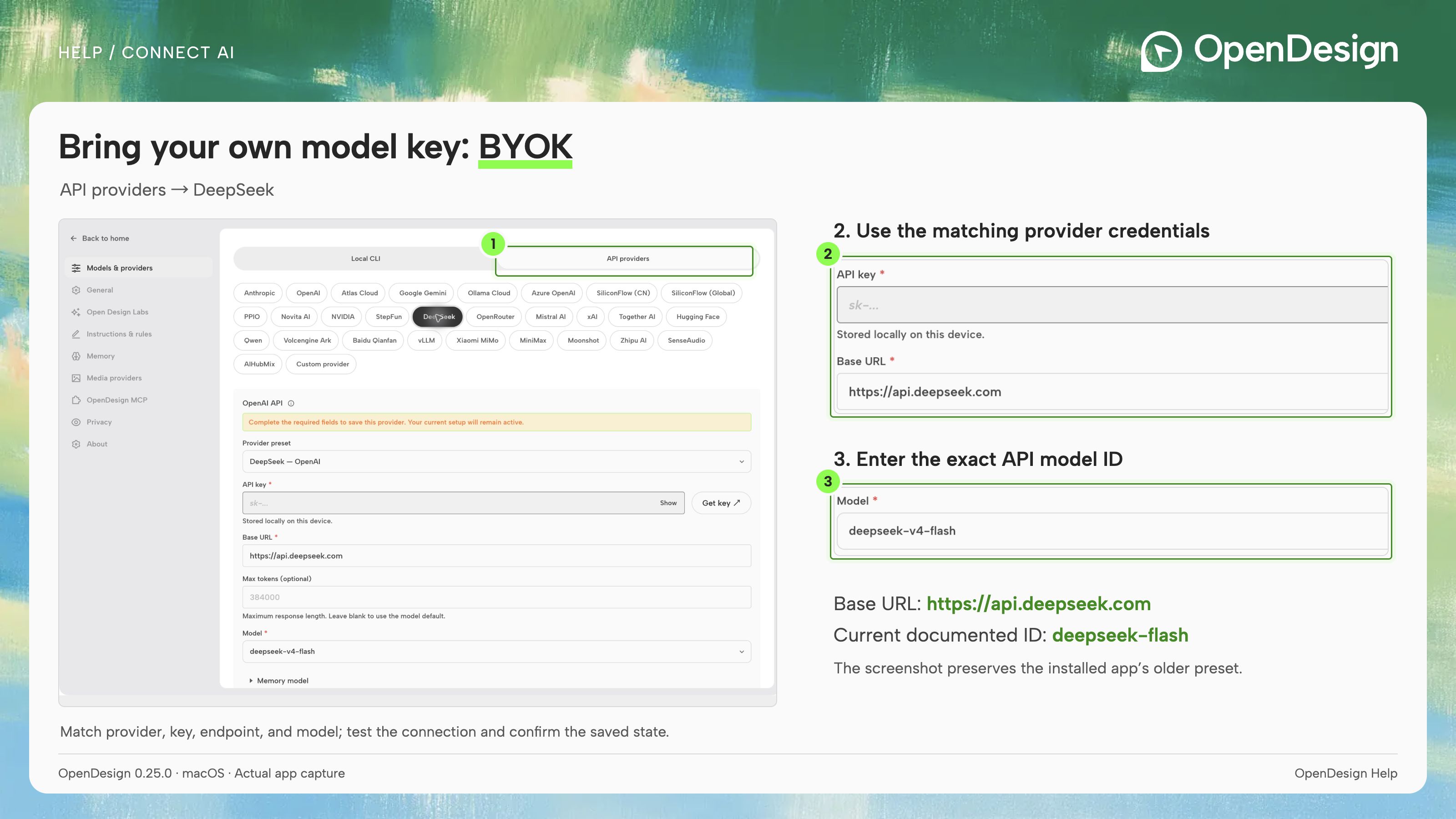Select the provider, then match its key, API base URL and model.