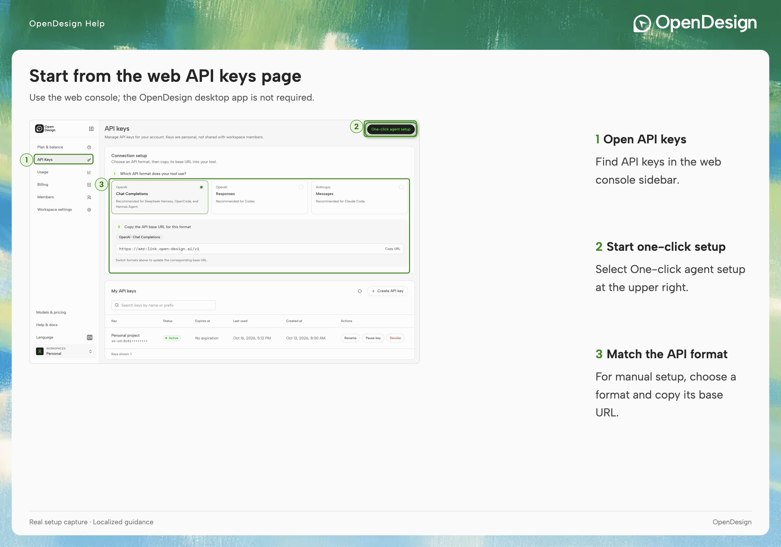 The complete API keys page: One-click agent setup is at the upper right; Connection setup contains API formats and their base URLs.