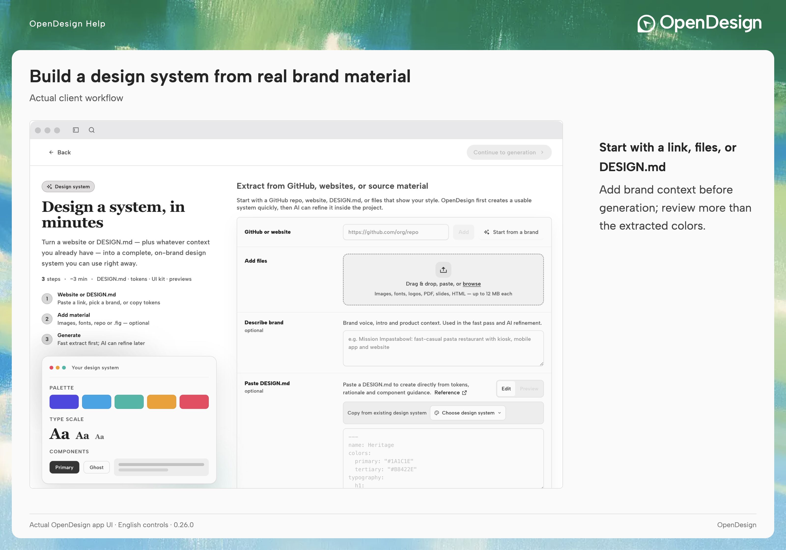 Design system creation screen with source links, files, brand description and DESIGN.md inputs.