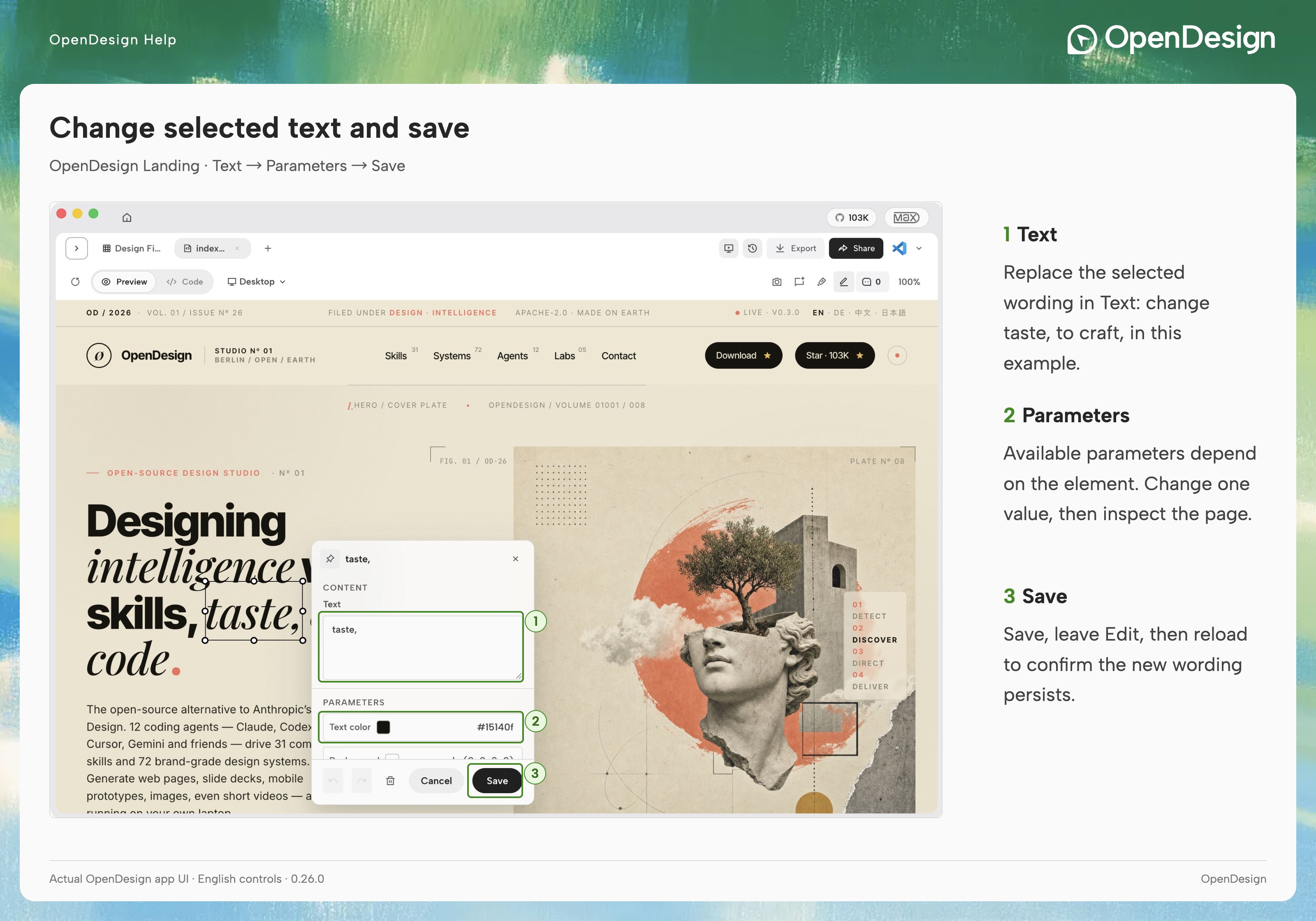 Text, contextual parameters and Save in the OpenDesign Landing editor.