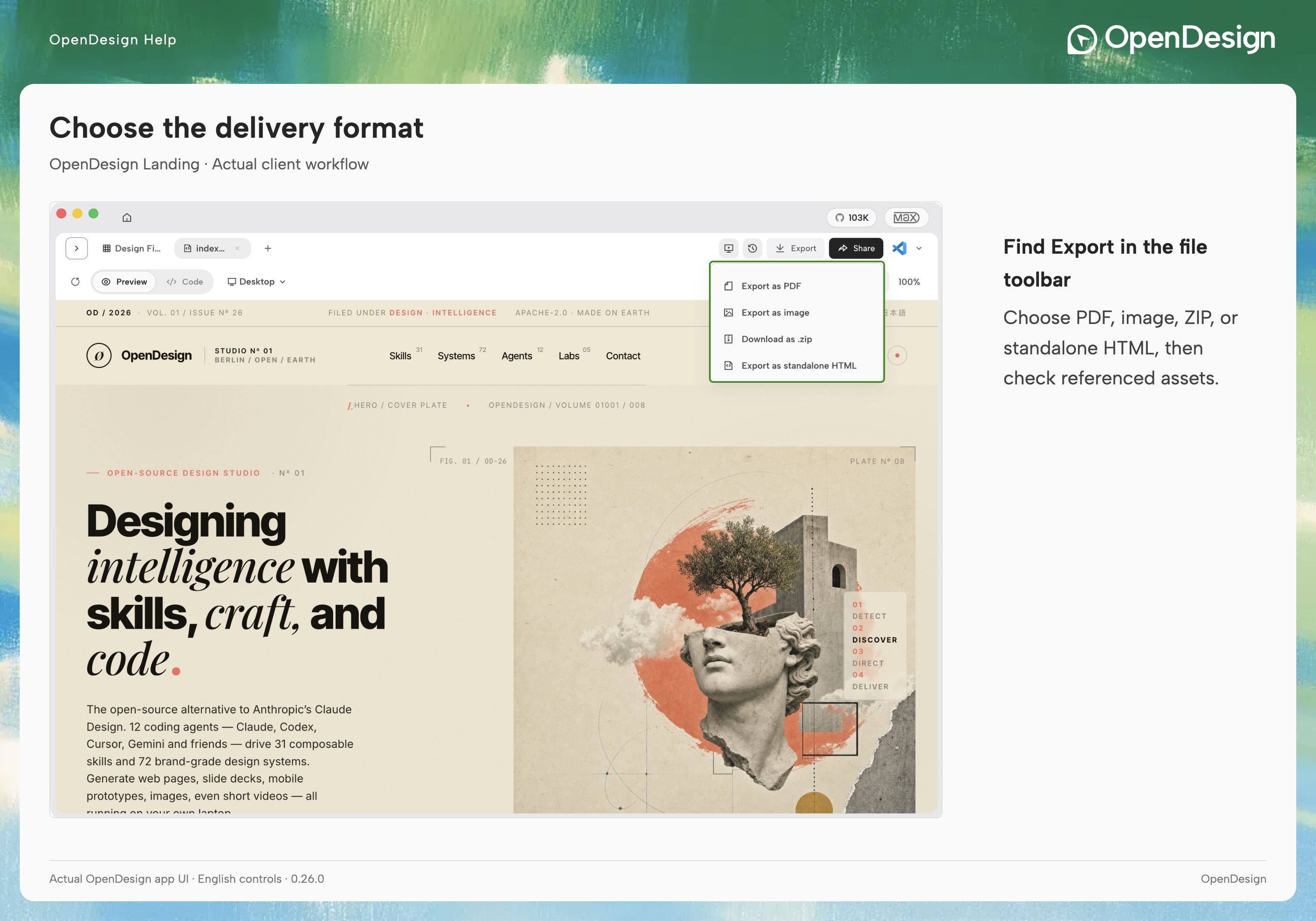 The Export menu at the upper right lists the formats available for this file.