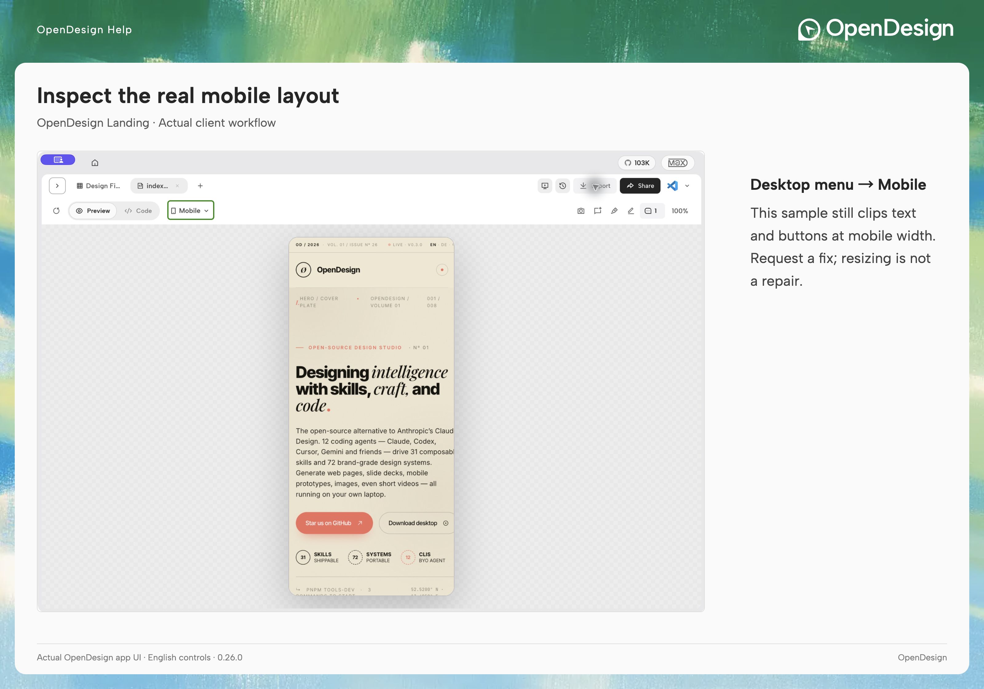 Check the saved layout in another viewport; the full toolbar stays visible above the mobile preview.