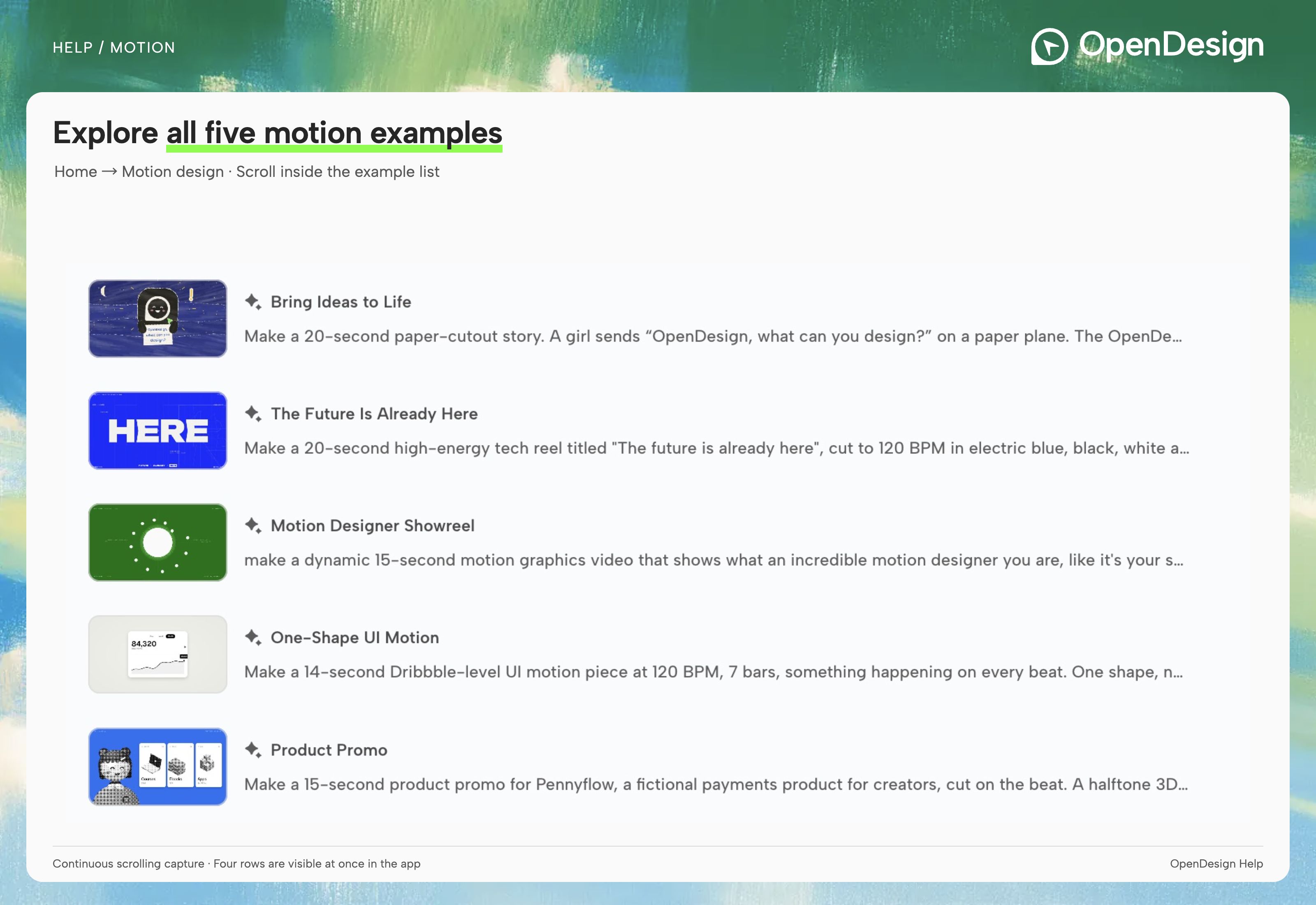 Five built-in Motion design examples shown in a continuous scrolling capture.