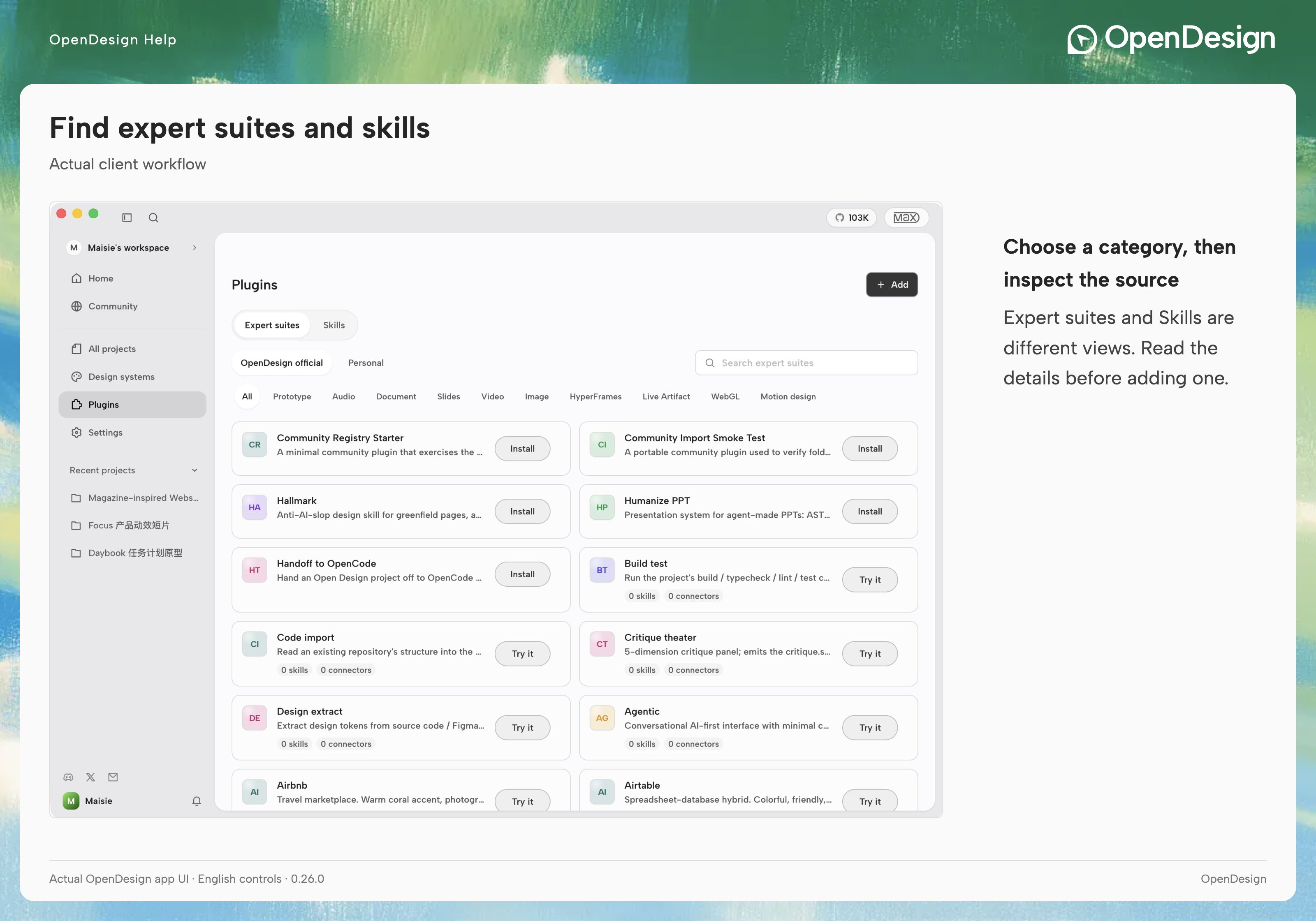 Plugins screen with Expert suites, Skills and source filters.