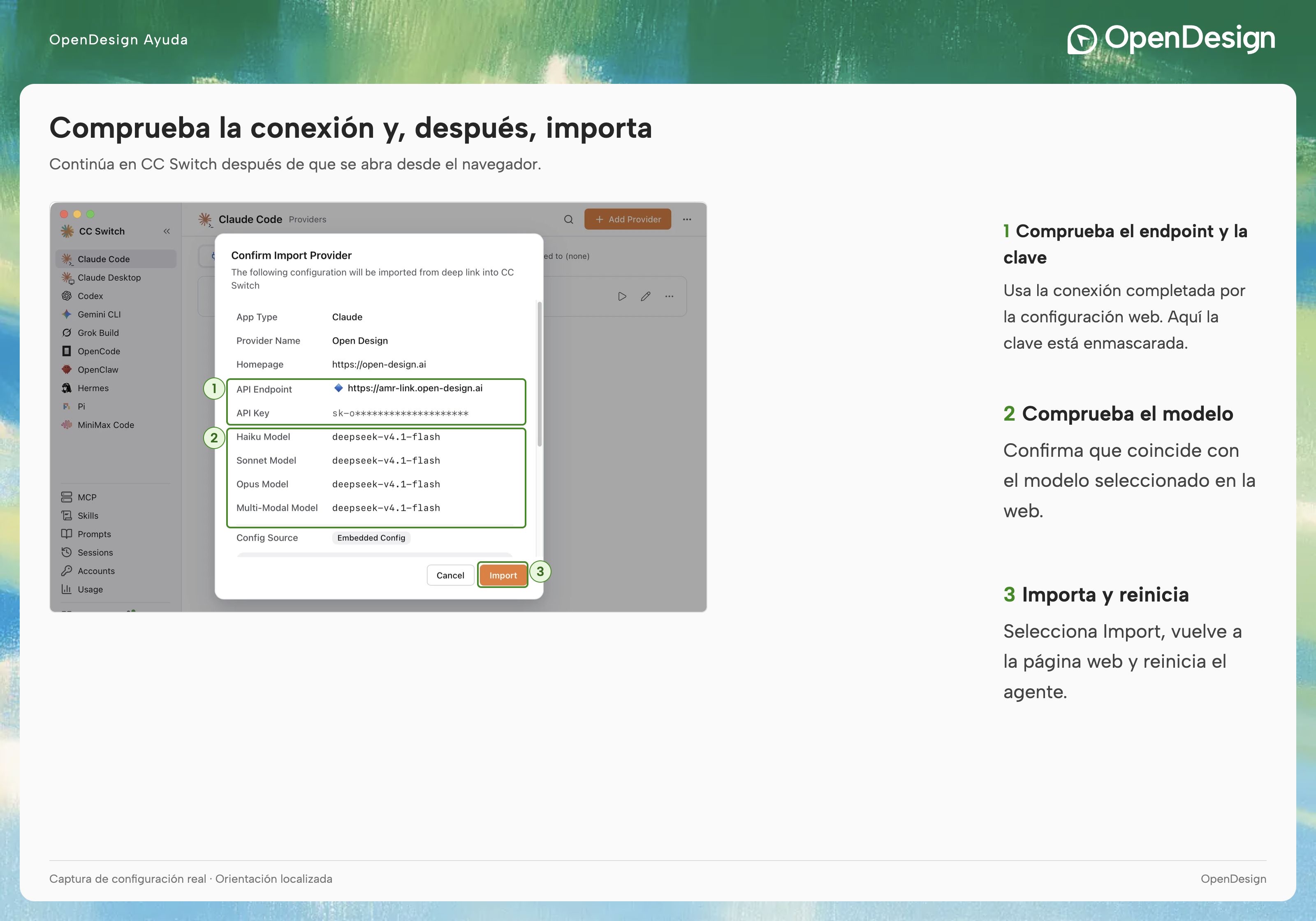 La ventana de confirmación de CC Switch: comprueba el endpoint y el modelo antes de importar. La clave está oculta en esta captura de pantalla.