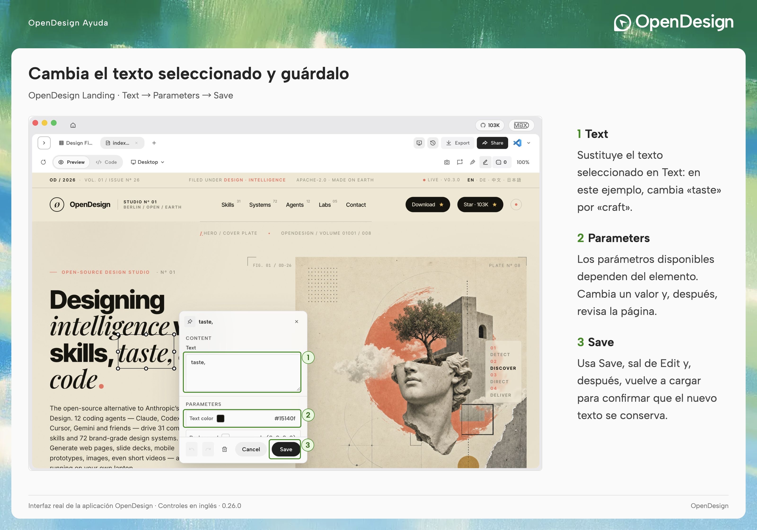 Text, parámetros contextuales y Save en el editor Landing de OpenDesign.