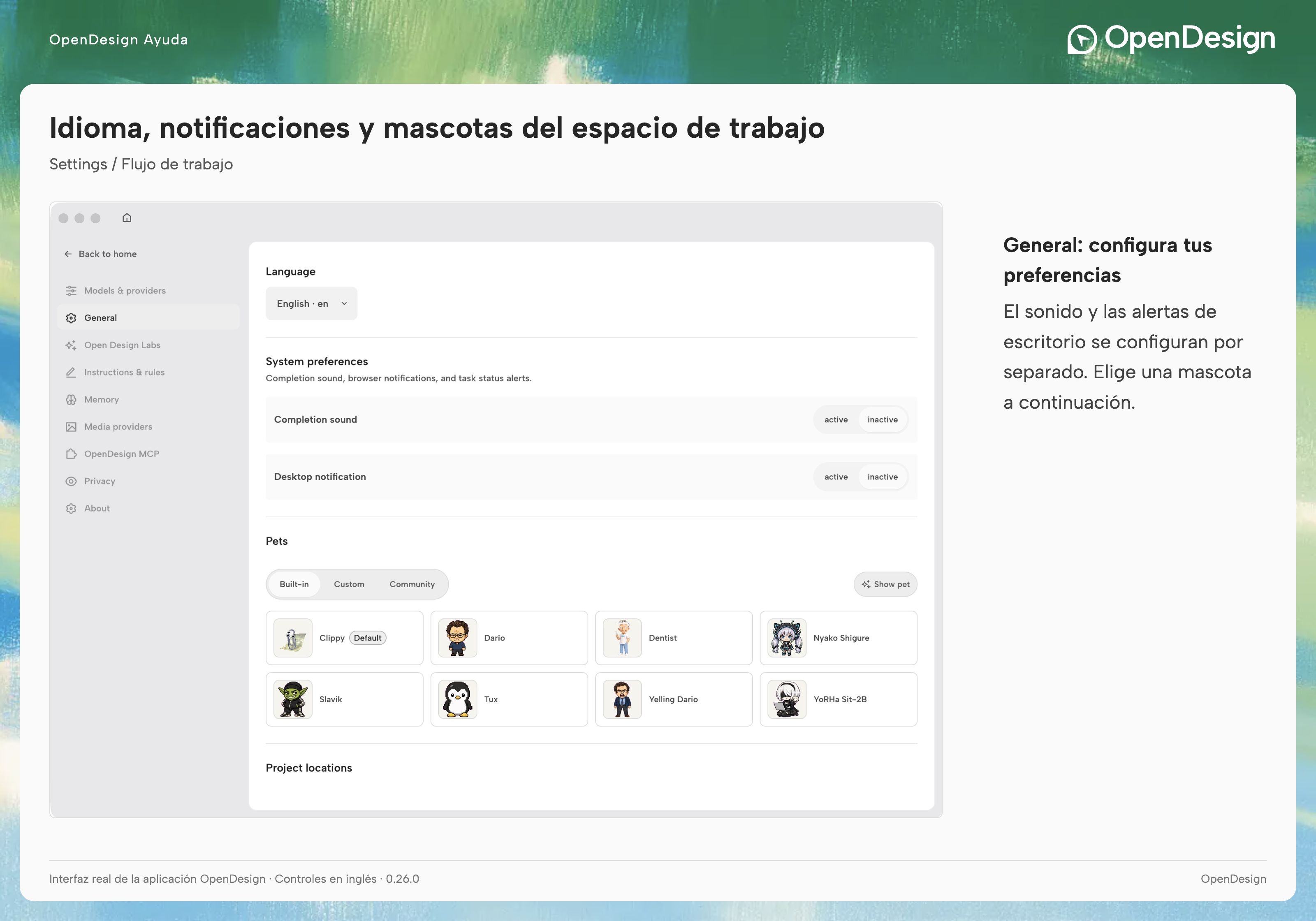 Ajustes de General con idioma, sonido, notificaciones, mascotas y ubicaciones de proyectos
