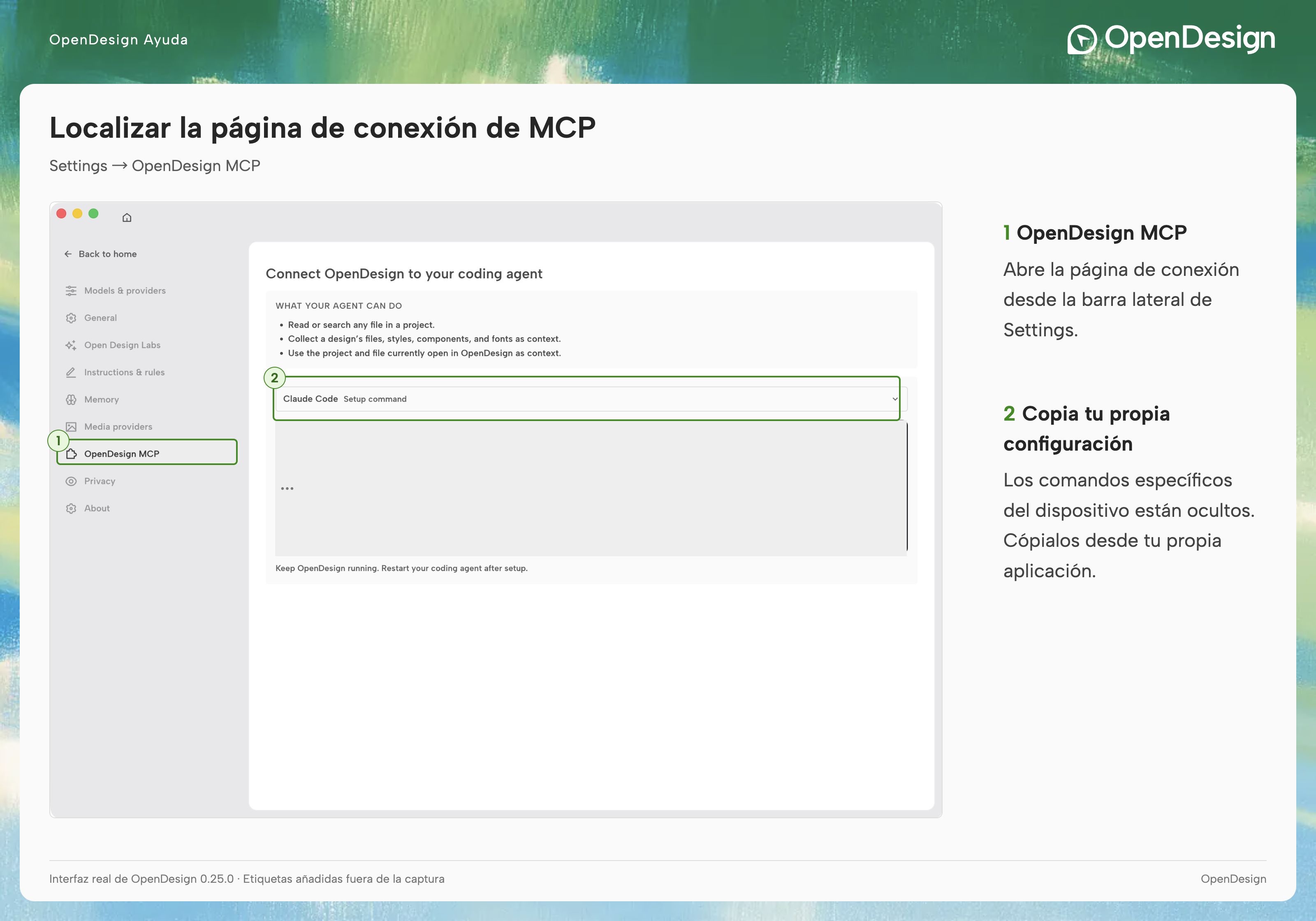 Elige el agente de destino y copia la configuración generada para este dispositivo.