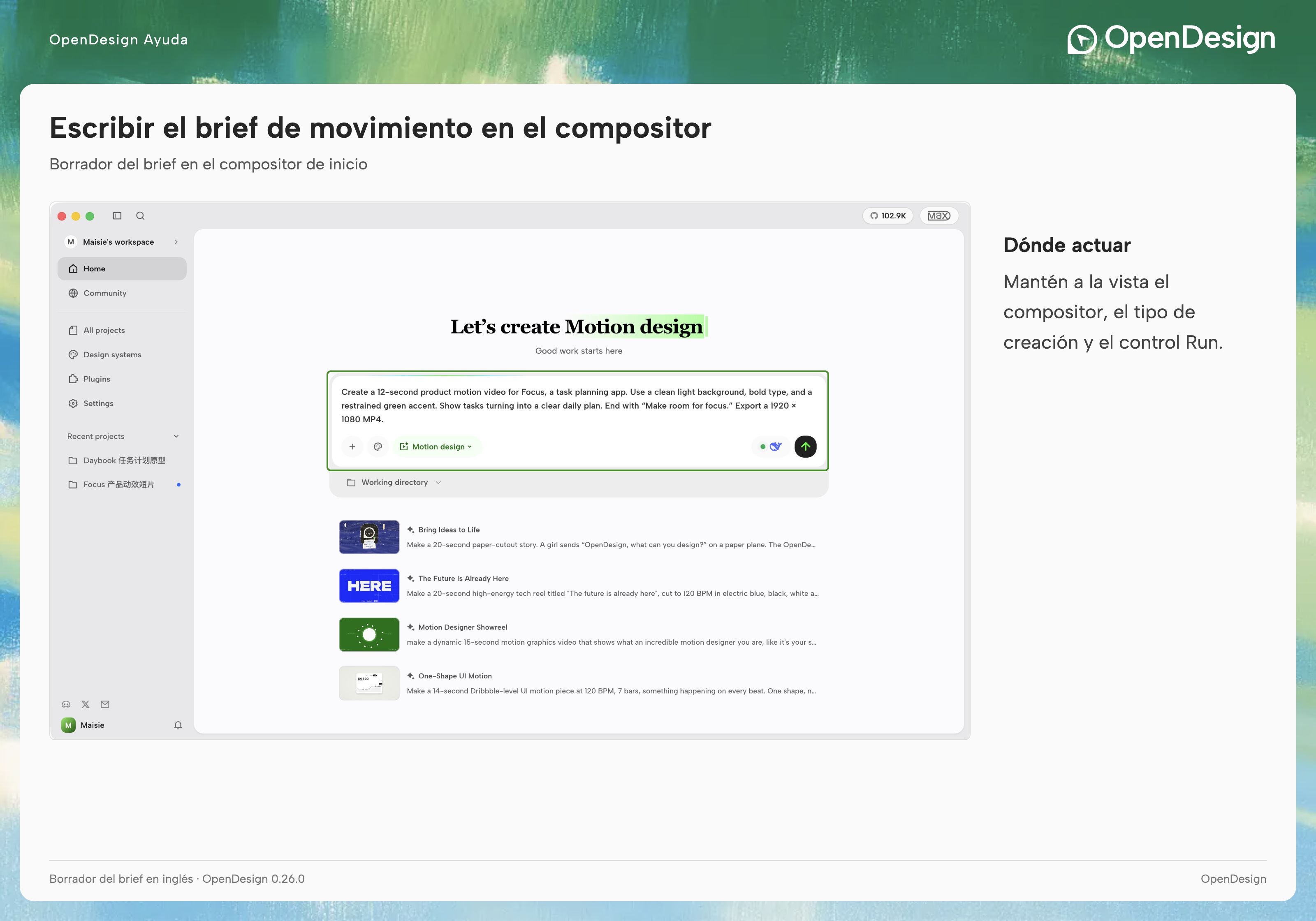Un borrador de instrucciones en inglés en el editor de Home. Confirma el tipo de creación antes de enviarlo.