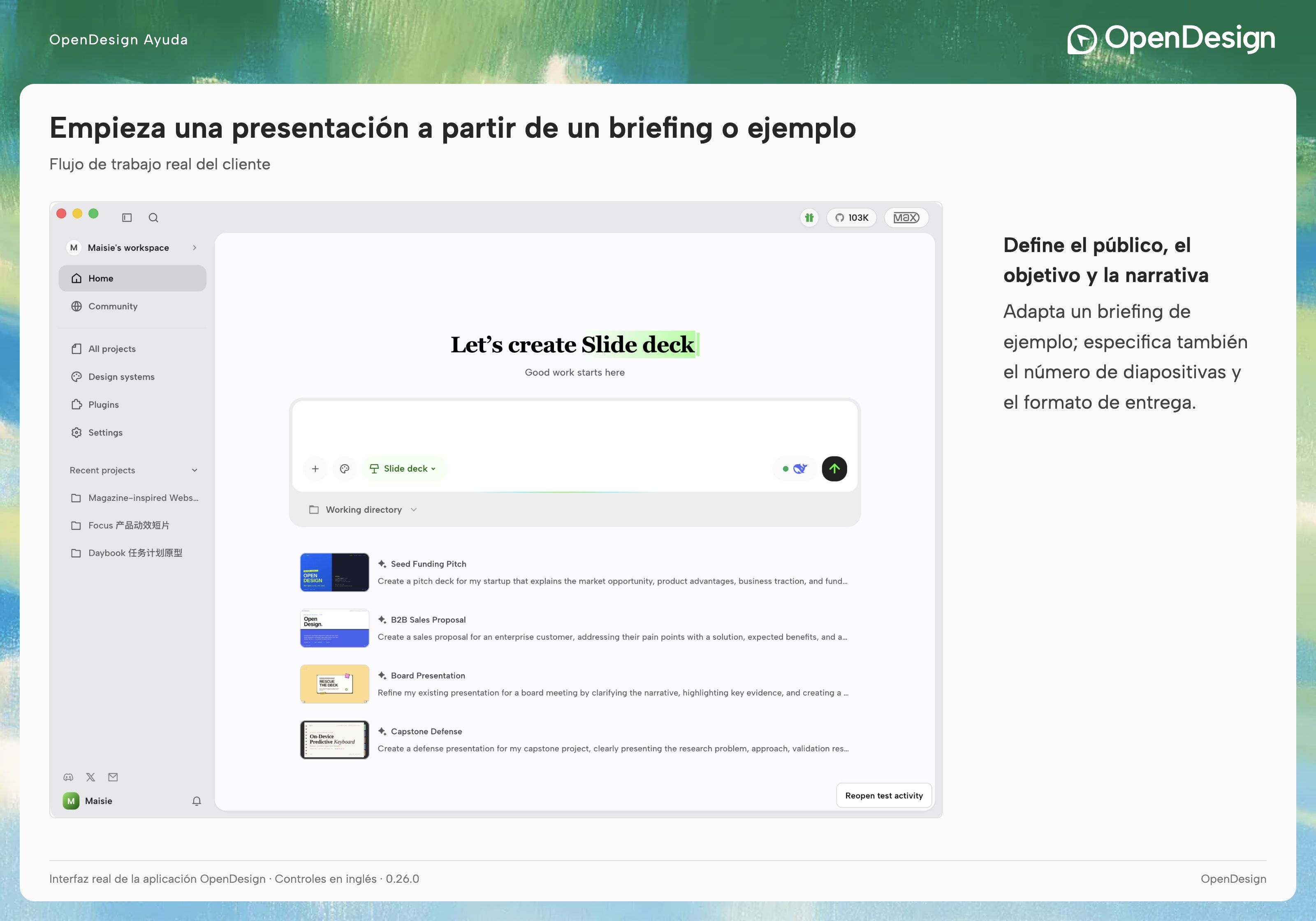 Slide deck seleccionado en Home antes de introducir las instrucciones para una presentación