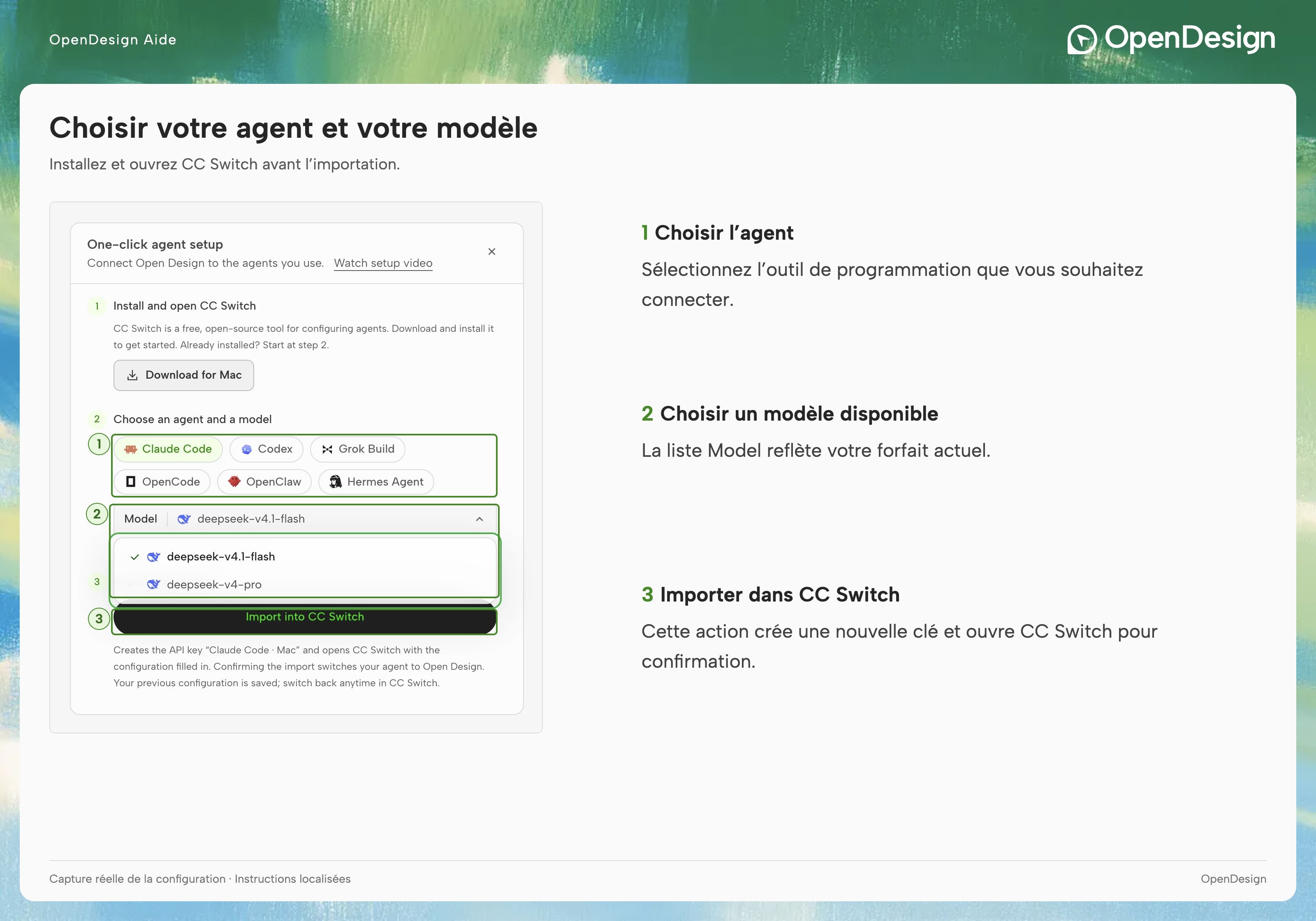 La boîte de dialogue de configuration : choisissez l’agent cible, puis un modèle disponible pour votre compte.