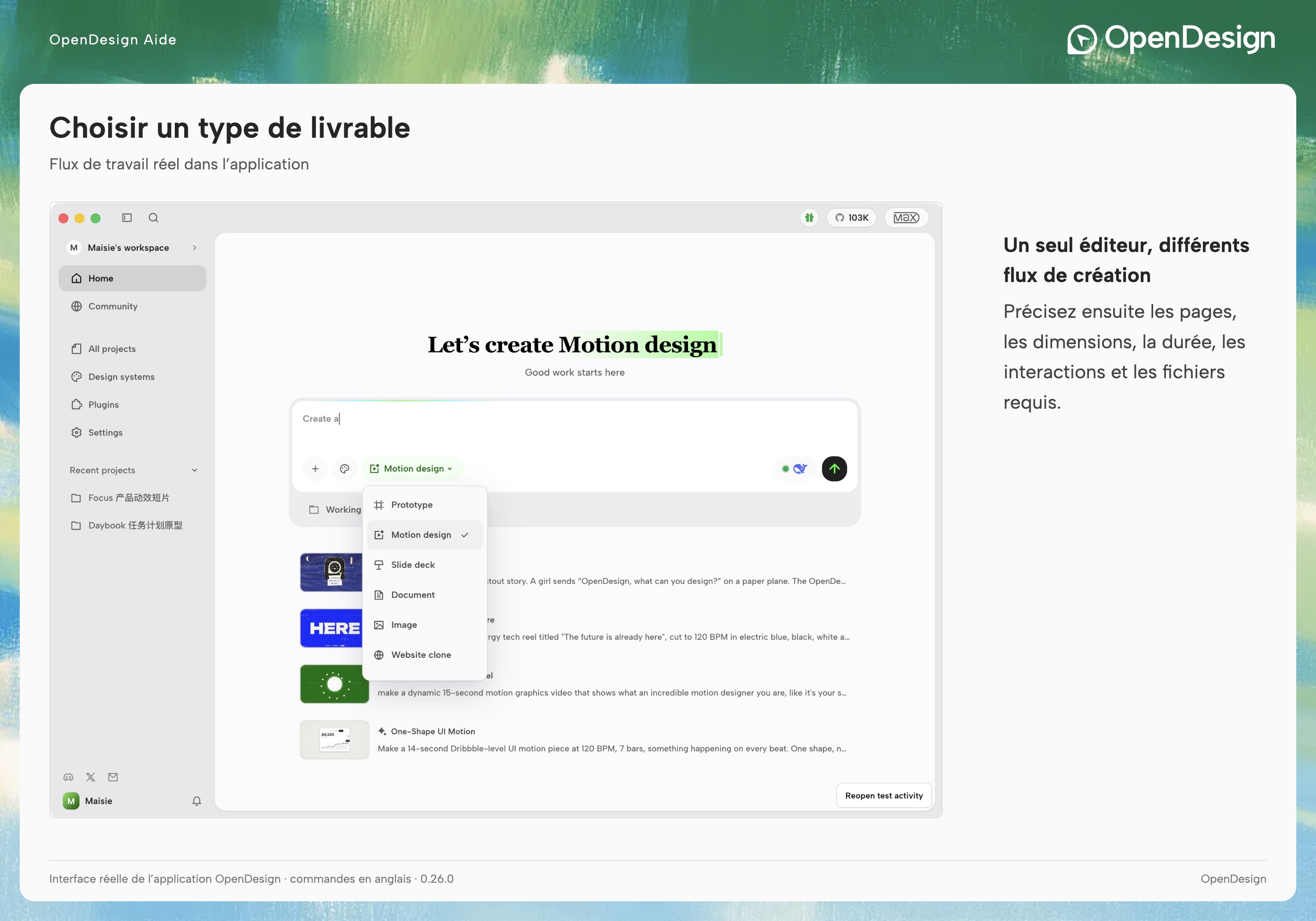 Menu des types de création dans Home avec les processus de travail disponibles