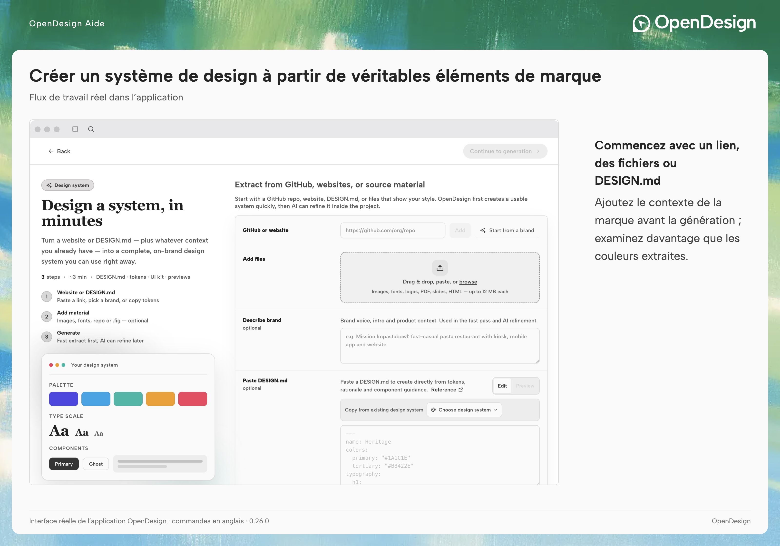 Écran de création d’un système de design avec des champs pour les liens sources, les fichiers, la description de la marque et DESIGN.md.
