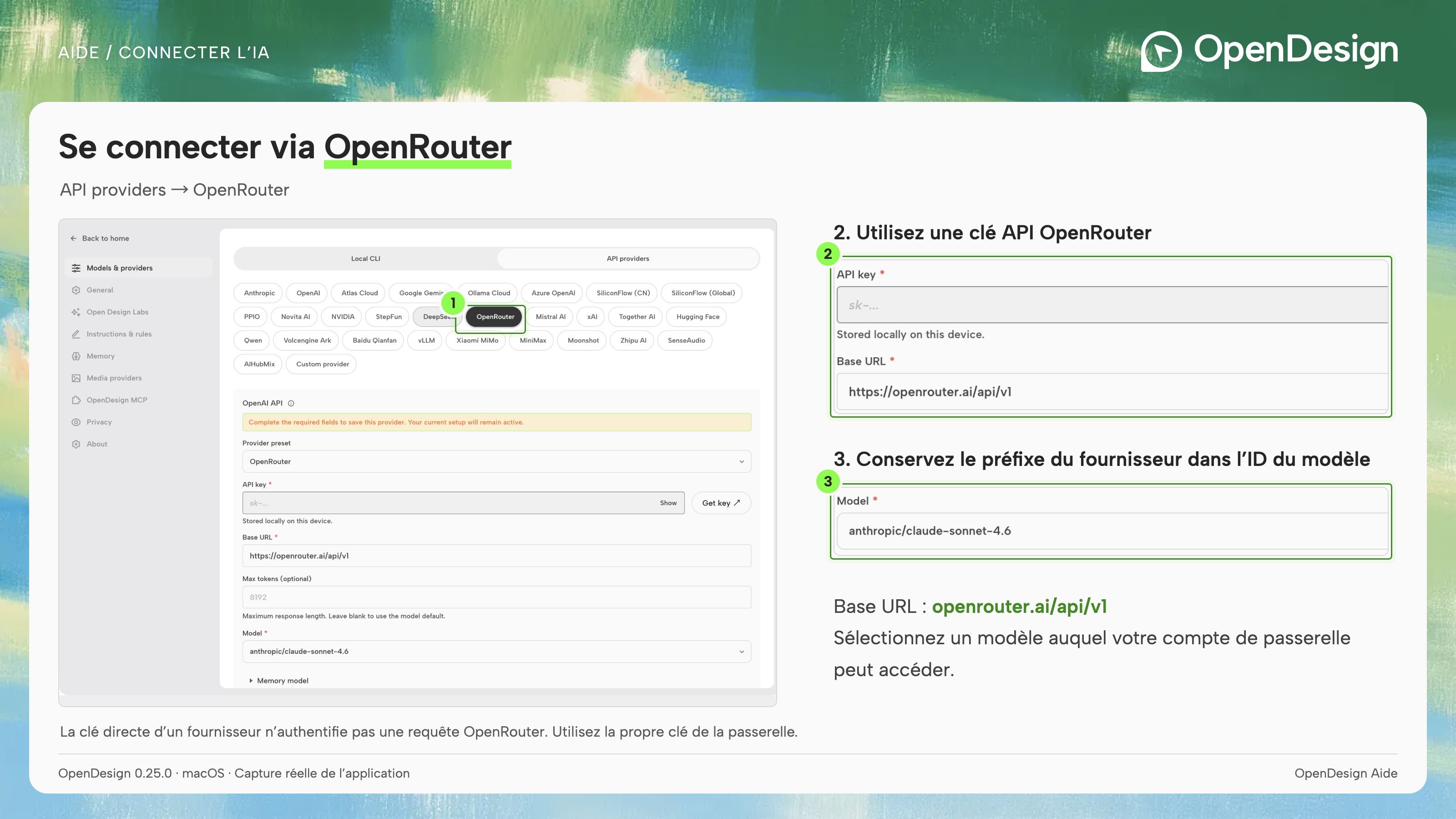OpenRouter utilise sa propre clé, son adresse de passerelle et des ID de modèle préfixés par le fournisseur.