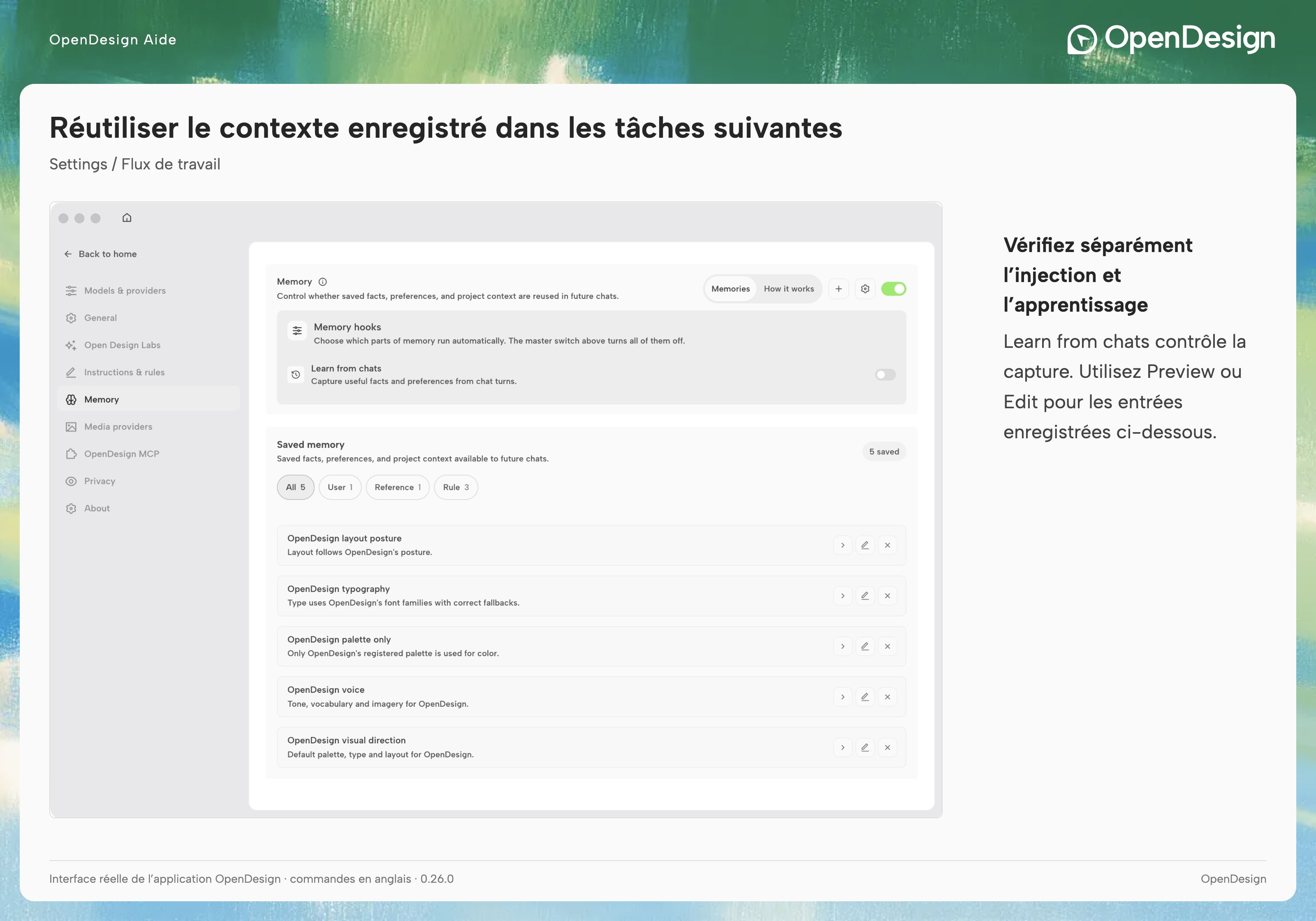 Le commutateur d’injection, le commutateur d’apprentissage et les entrées enregistrées sont des contrôles distincts.