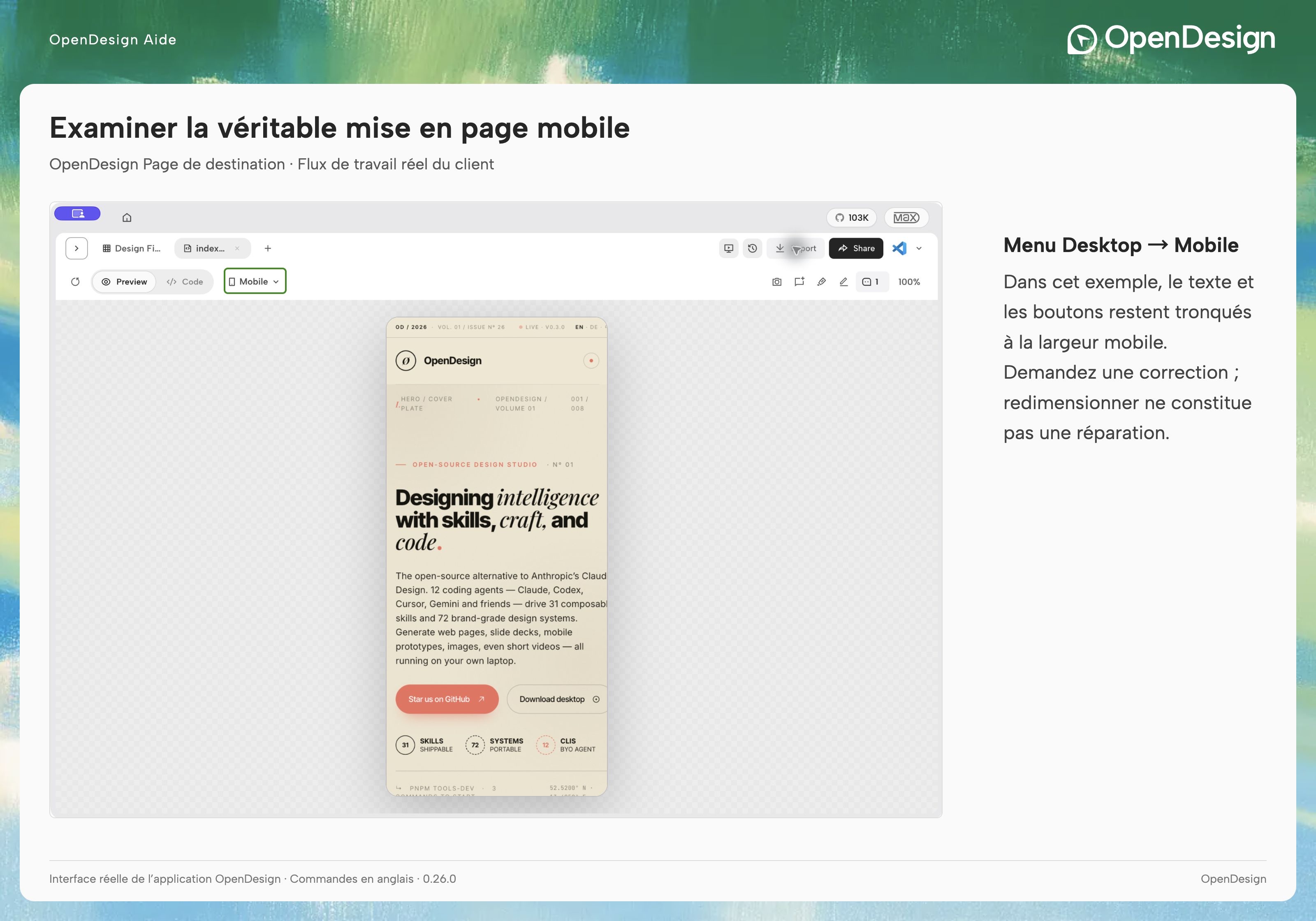 Vérifiez la mise en page enregistrée dans une autre fenêtre d’affichage ; la barre d’outils complète reste visible au-dessus de l’aperçu mobile.