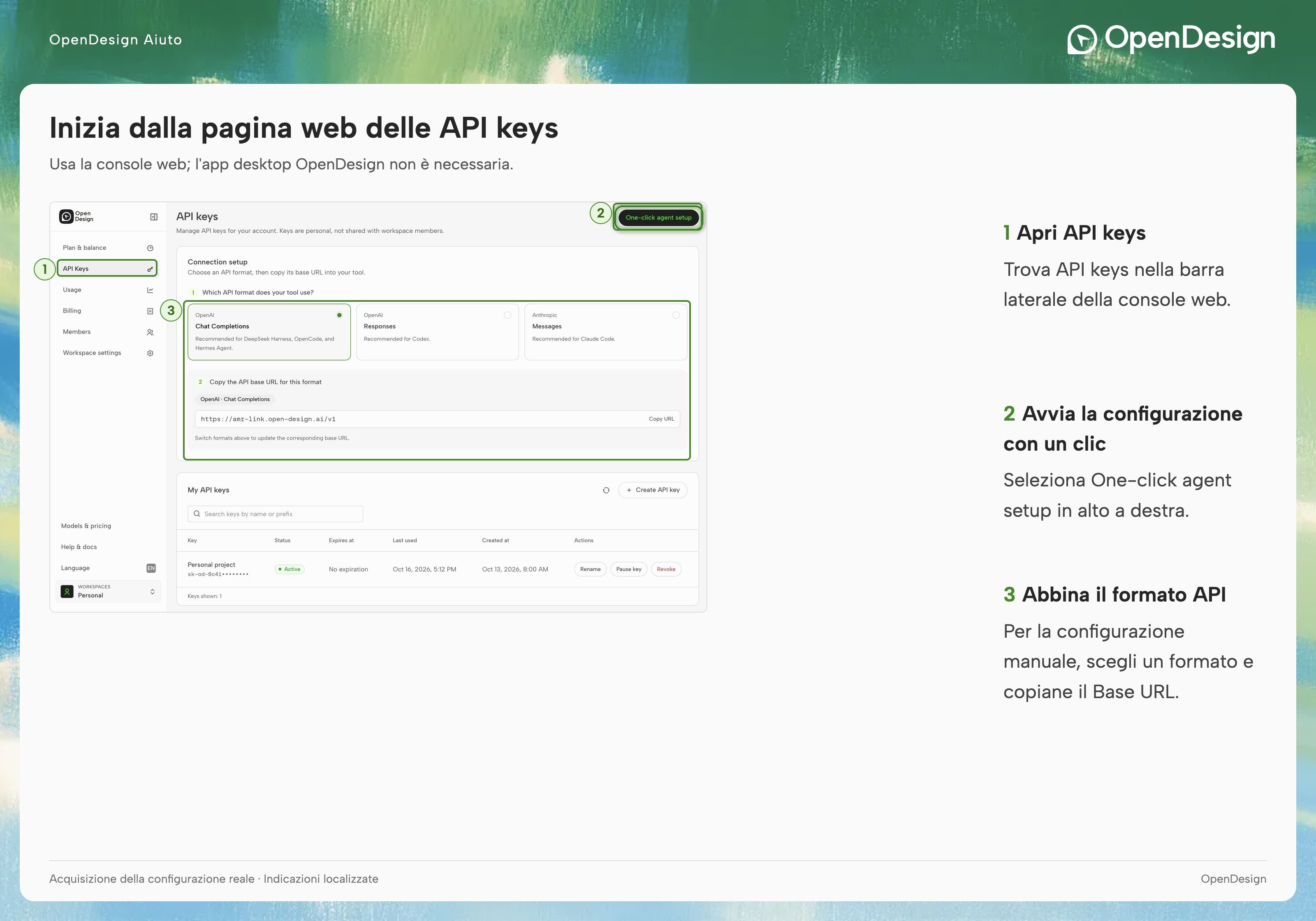 La pagina completa API keys: One-click agent setup si trova in alto a destra; Connection setup contiene i formati API e i relativi URL di base.