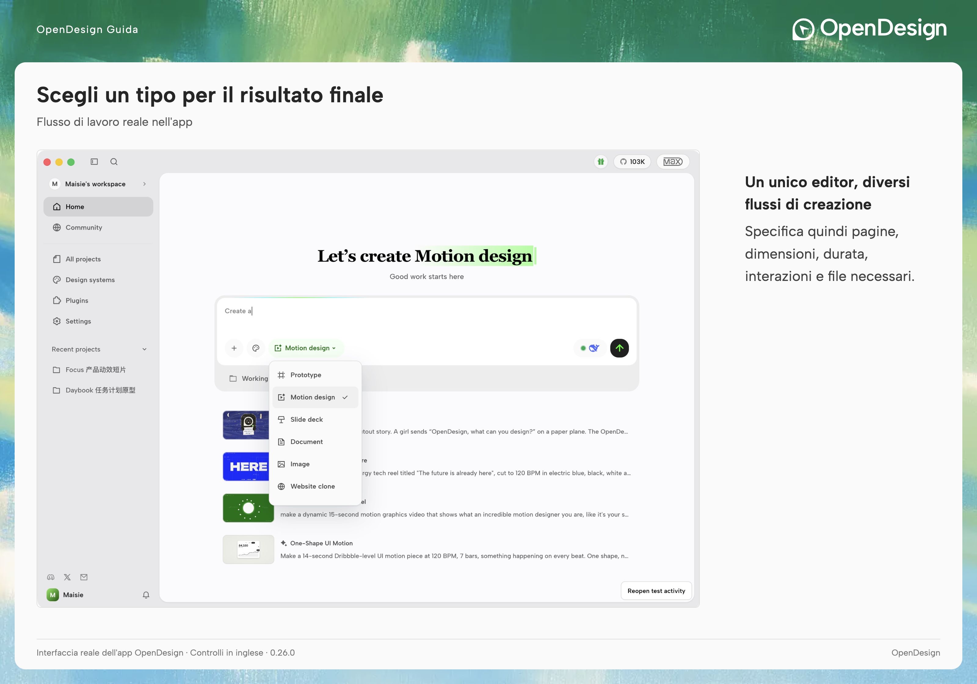 Menu del tipo di creazione in Home con i flussi di lavoro disponibili
