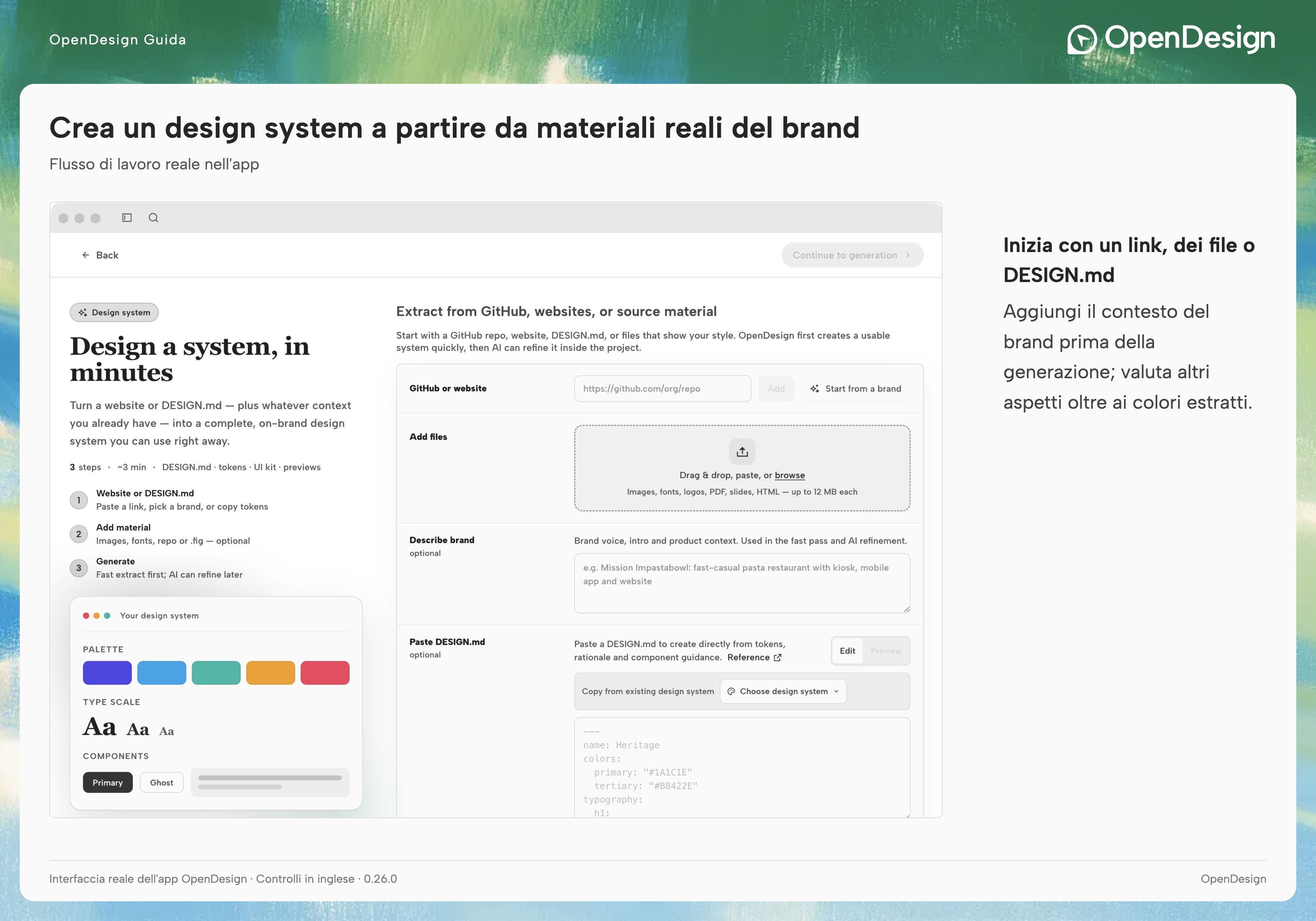 Schermata di creazione di un sistema di design con link alle fonti, file, descrizione del brand e campi DESIGN.md.