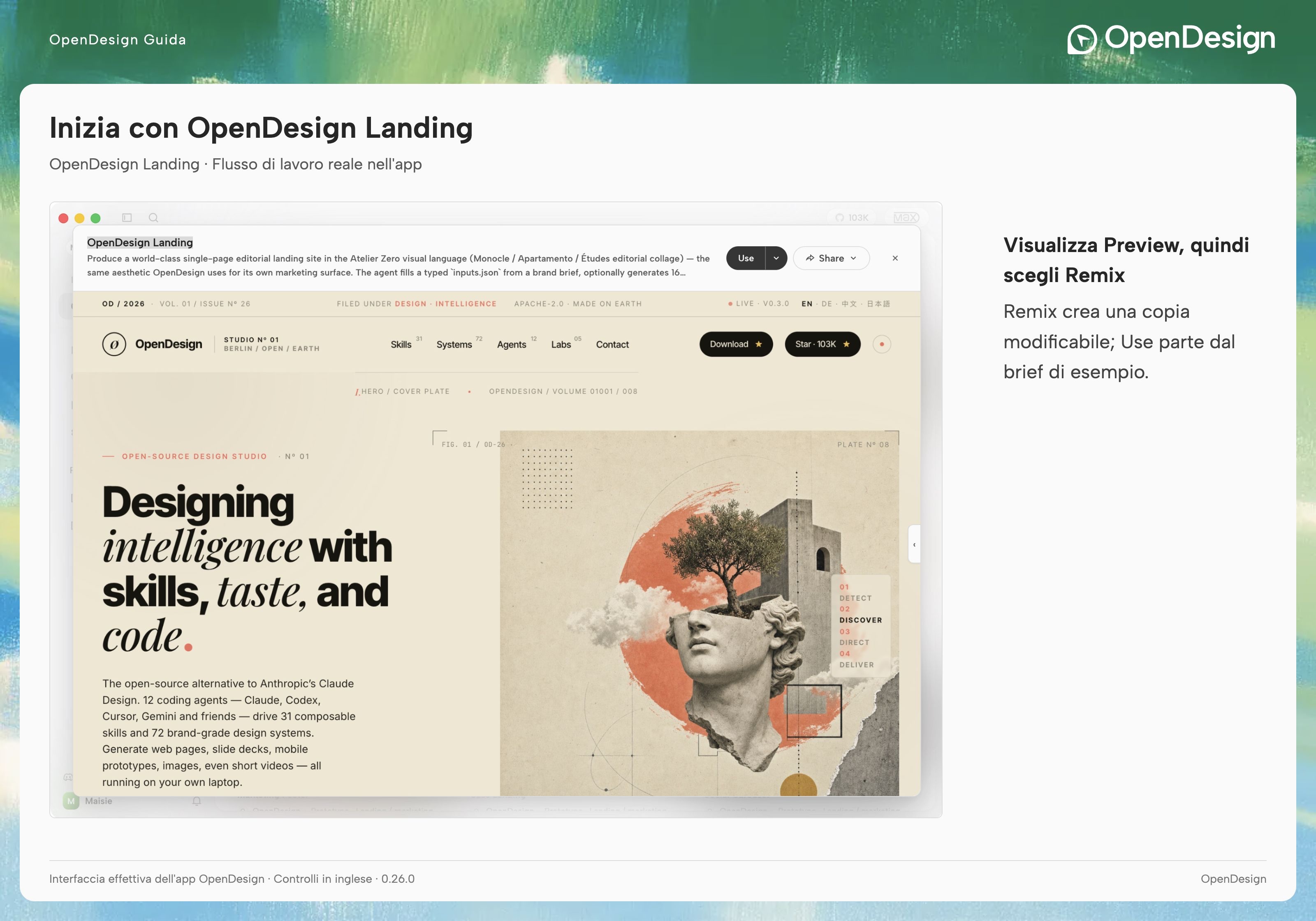 OpenDesign Landing nell'anteprima dei template del client.