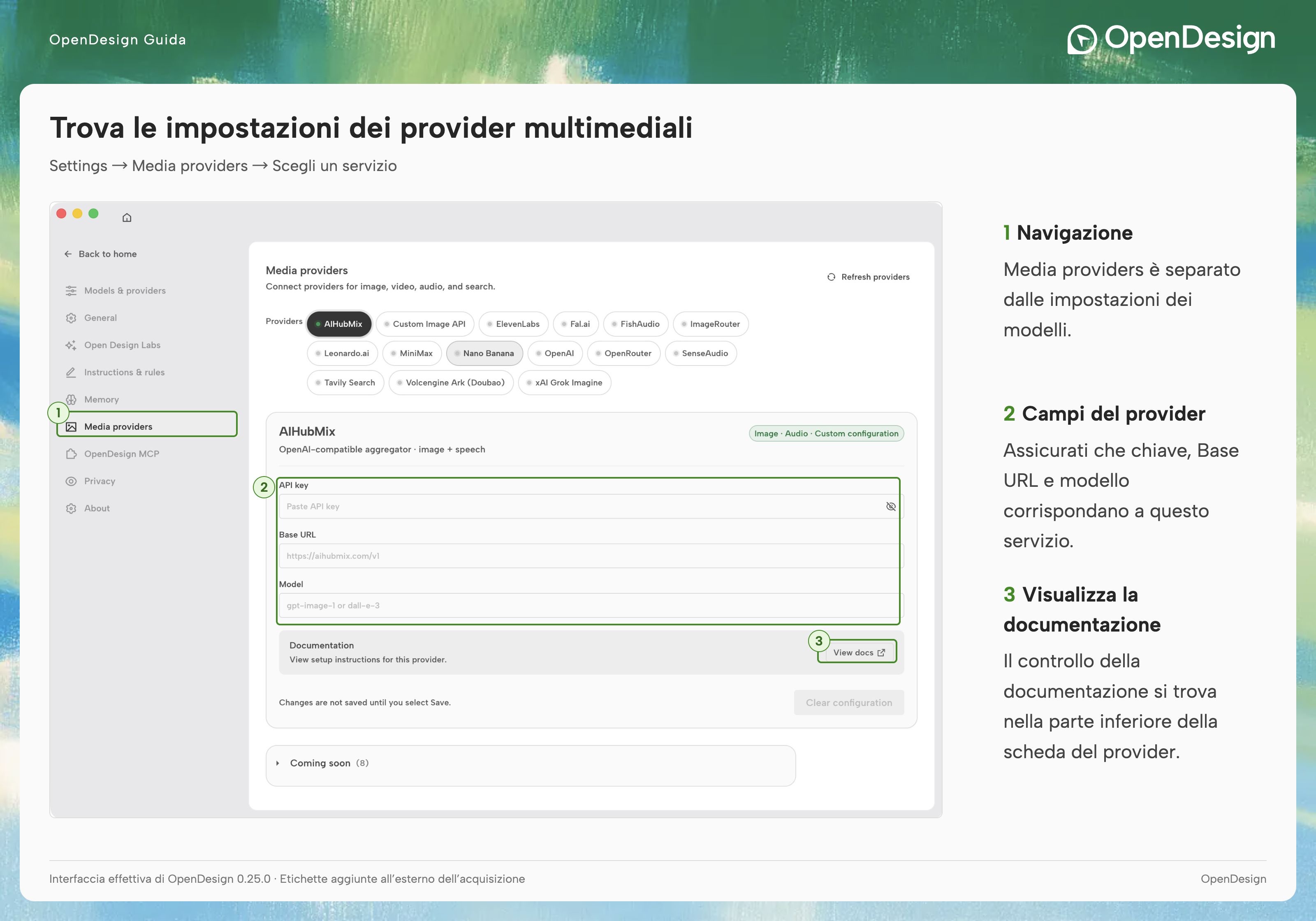 Settings per le connessioni ai provider di immagini, video e audio