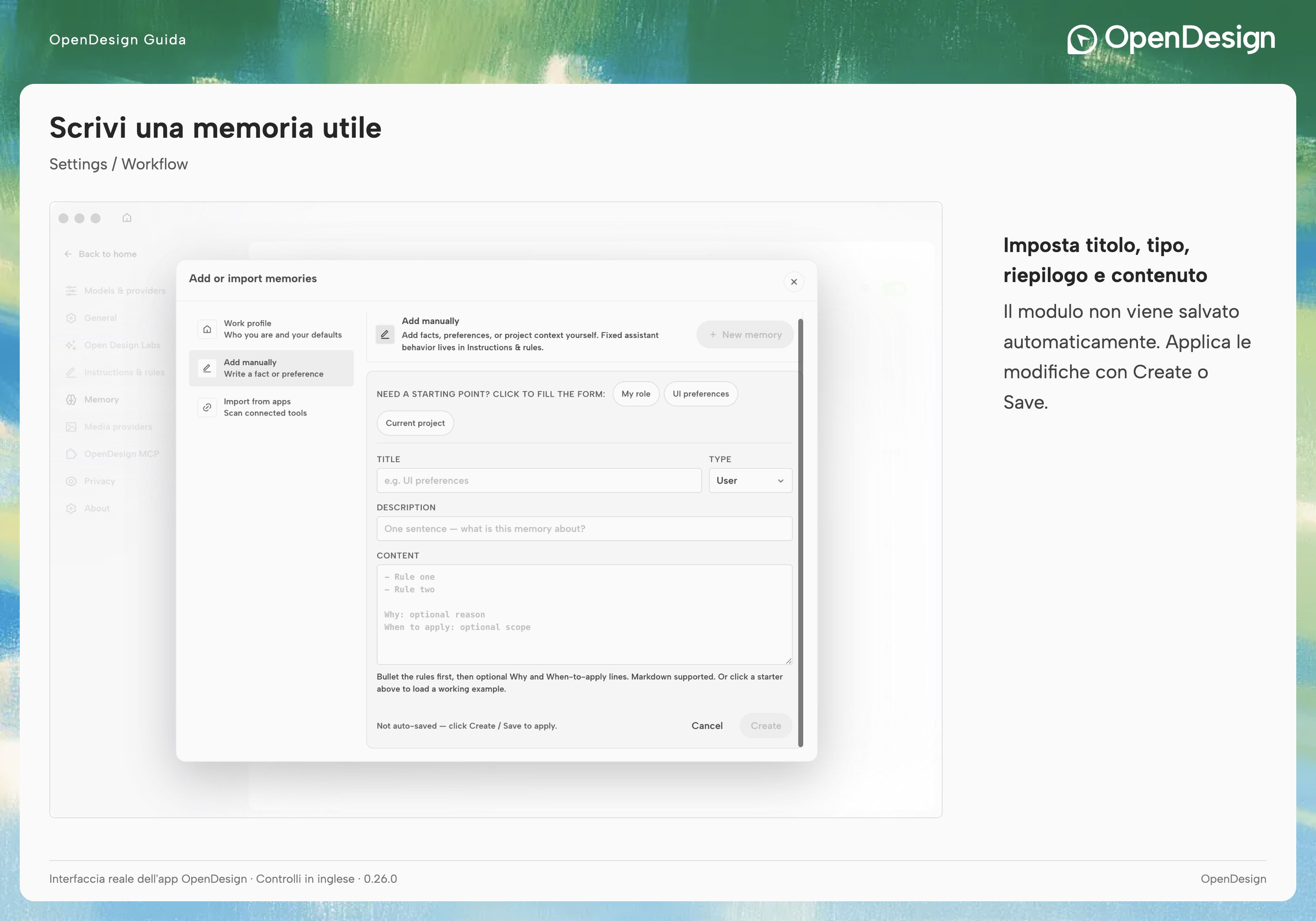 L'editor manuale include titolo, tipo, descrizione e contenuto Markdown, con controlli di salvataggio espliciti.