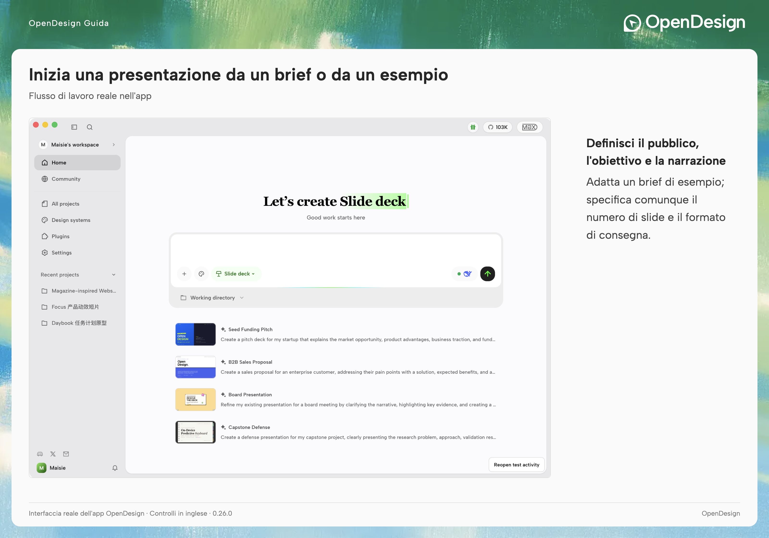 Slide deck selezionato in Home prima di inserire il brief di una presentazione