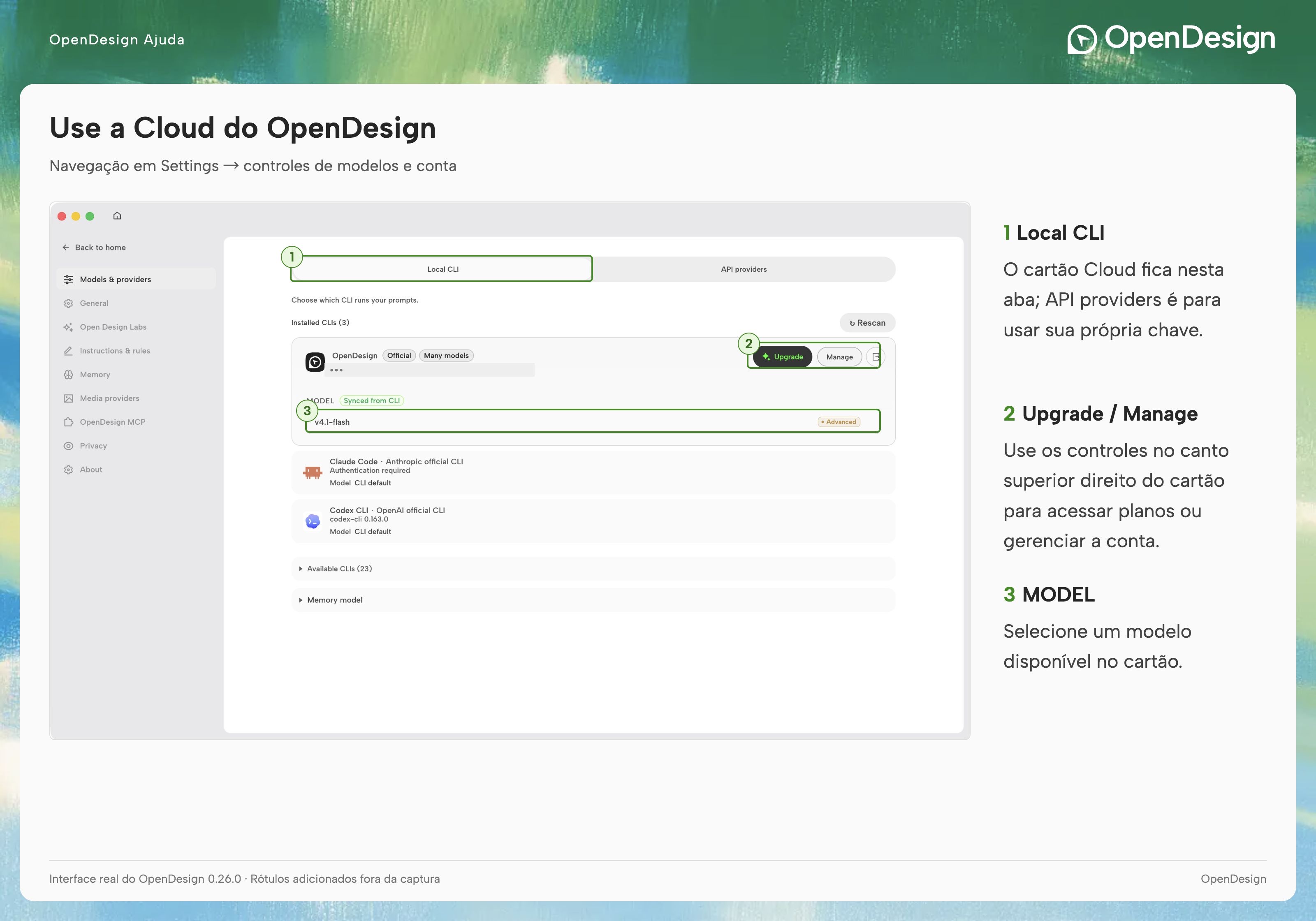 O cartão do OpenDesign Cloud com os controles de modelo, Upgrade e Manage.