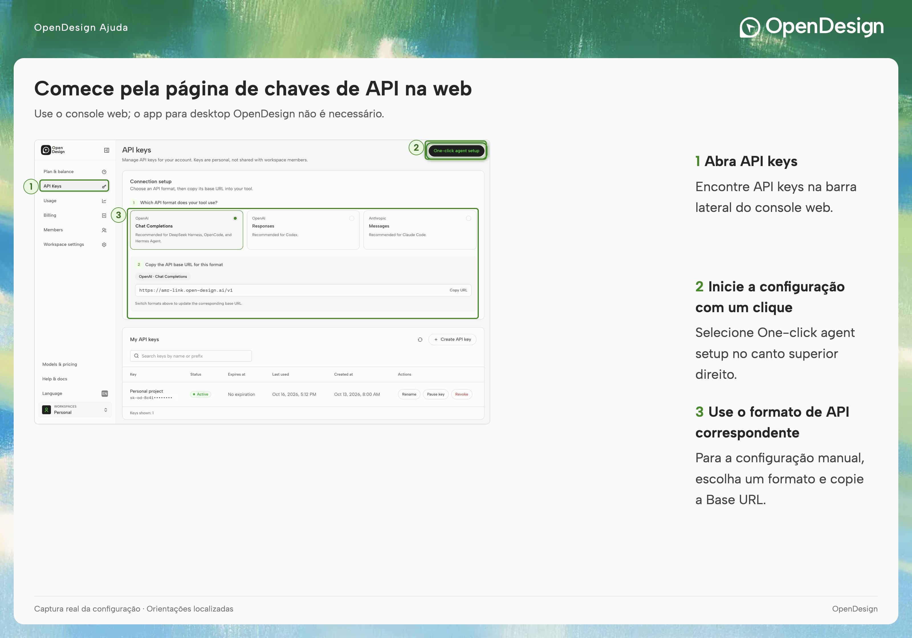 A página completa de API keys: One-click agent setup fica no canto superior direito; Connection setup contém os formatos de API e seus respectivos Base URLs.