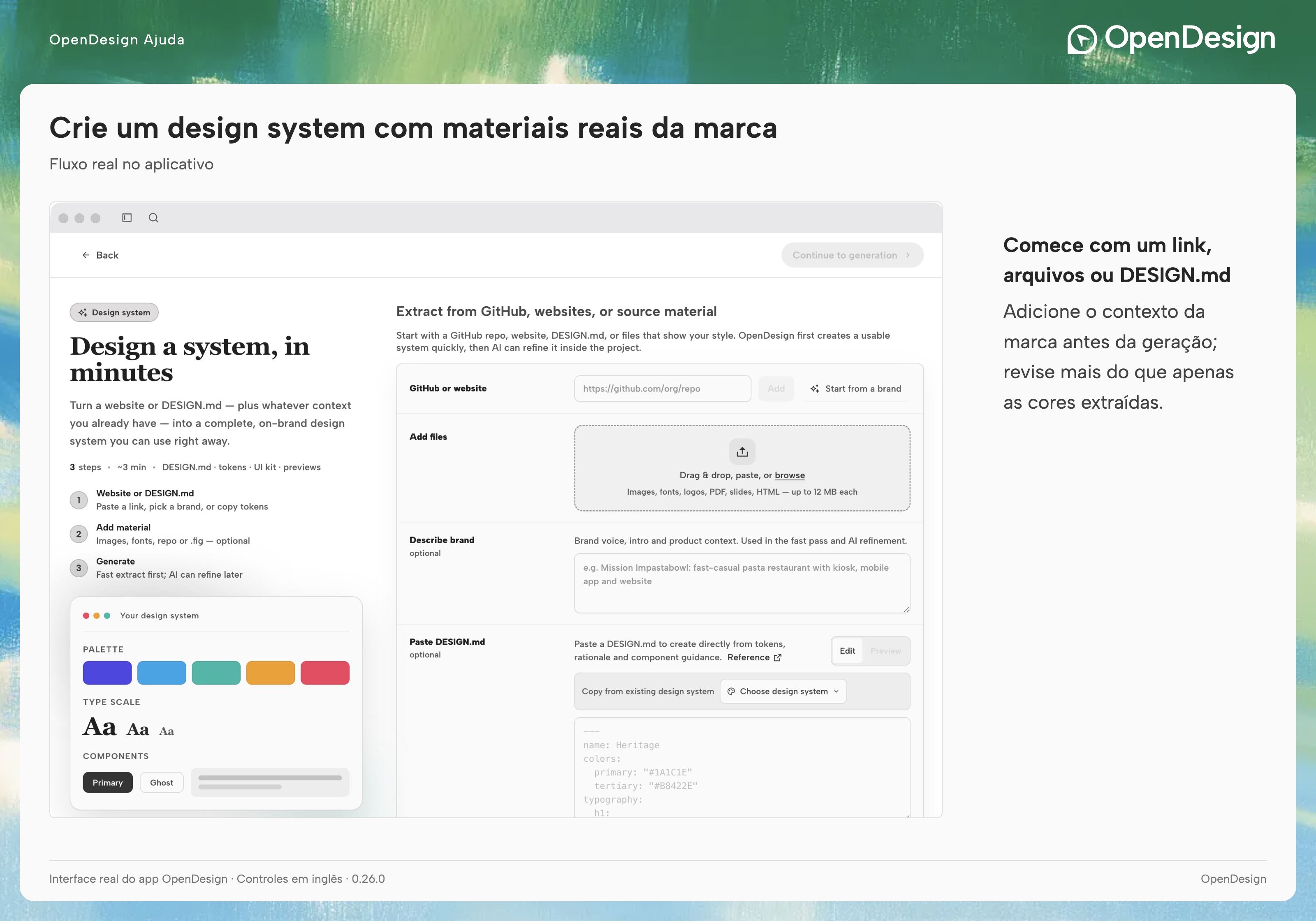 Tela de criação do sistema de design com entradas para links de origem, arquivos, descrição da marca e DESIGN.md.