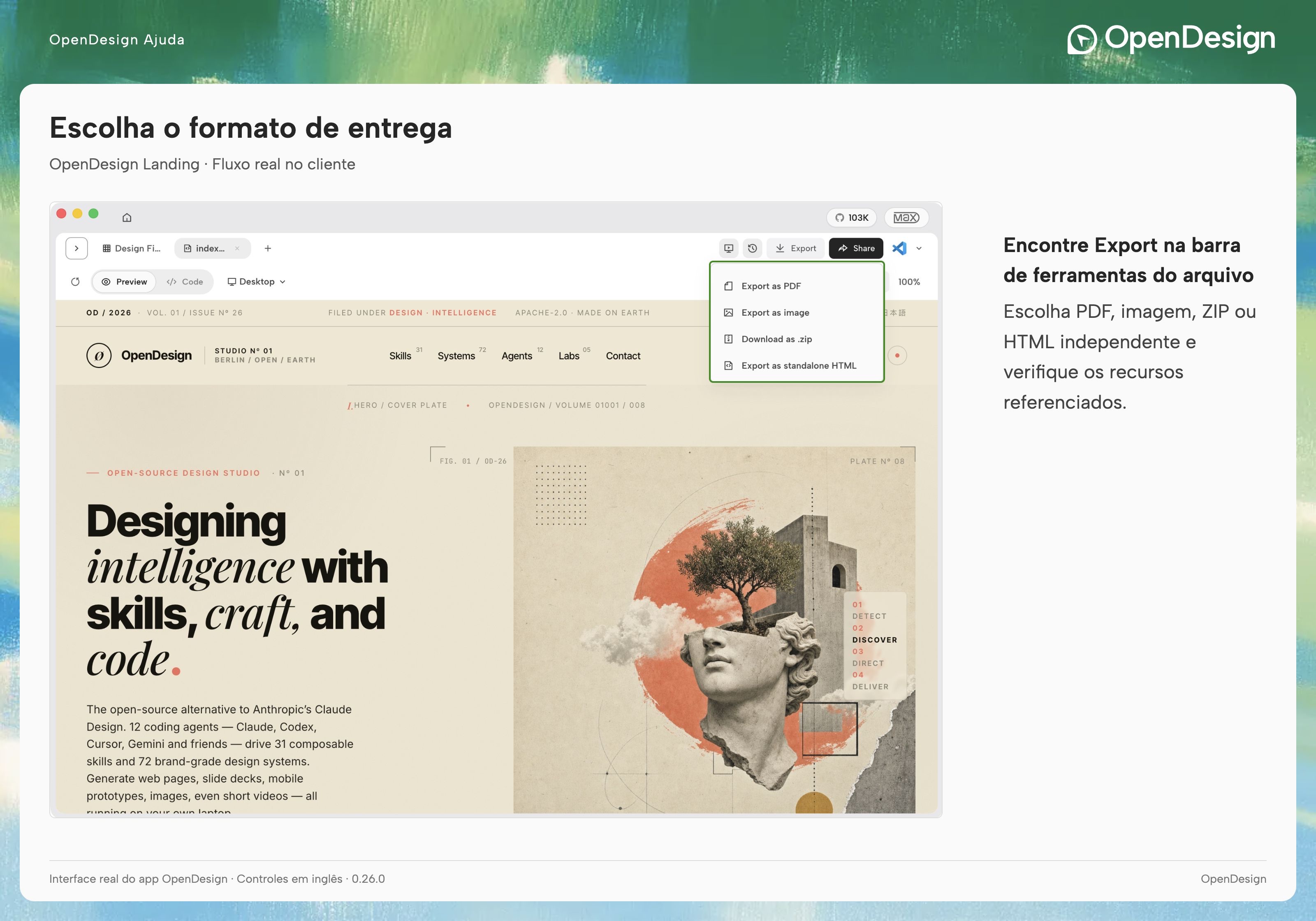 O menu Export no canto superior direito lista os formatos disponíveis para este arquivo.