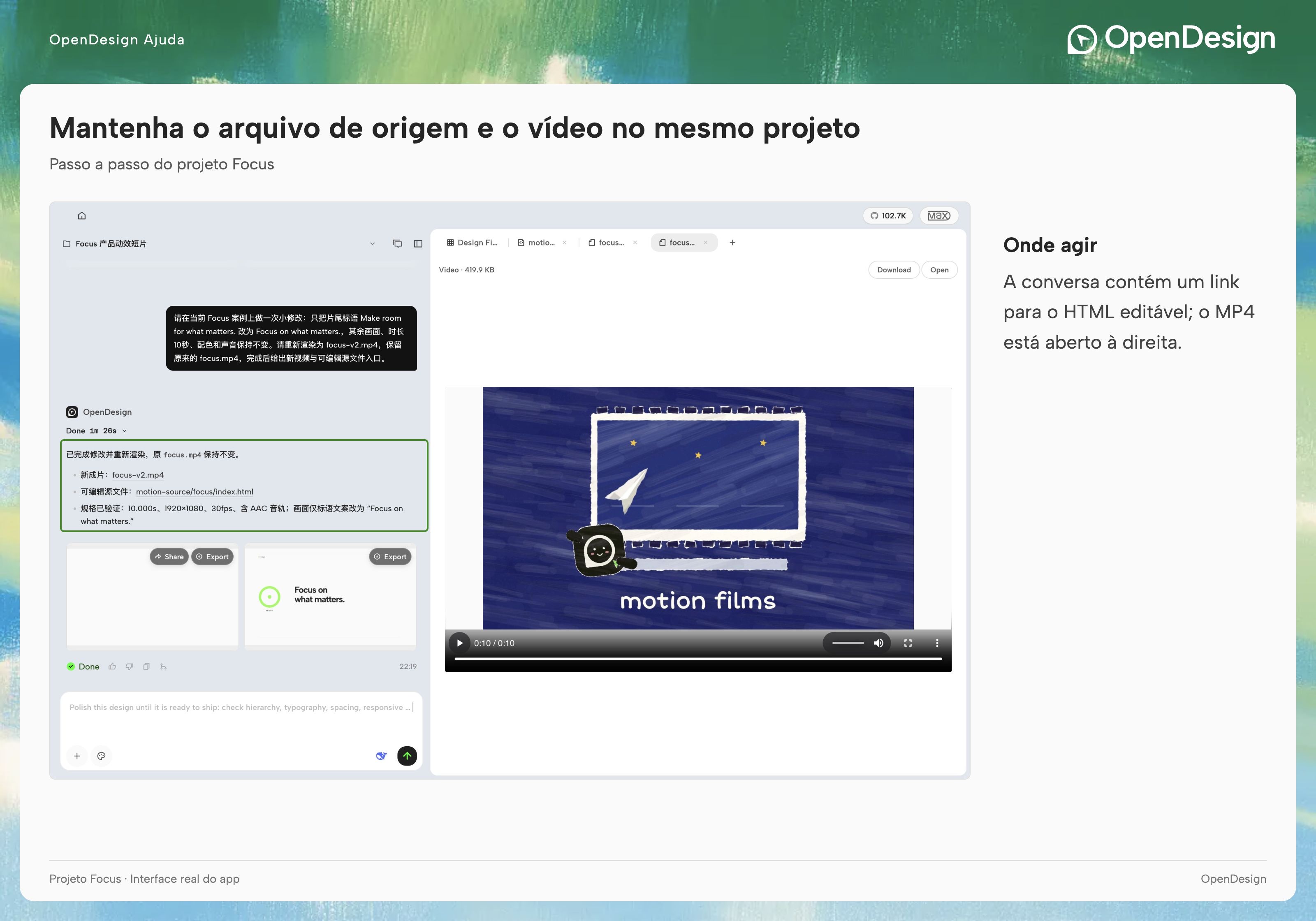 Interface original do cliente com um exemplo de movimento azul pintado à mão inserido na composição.
