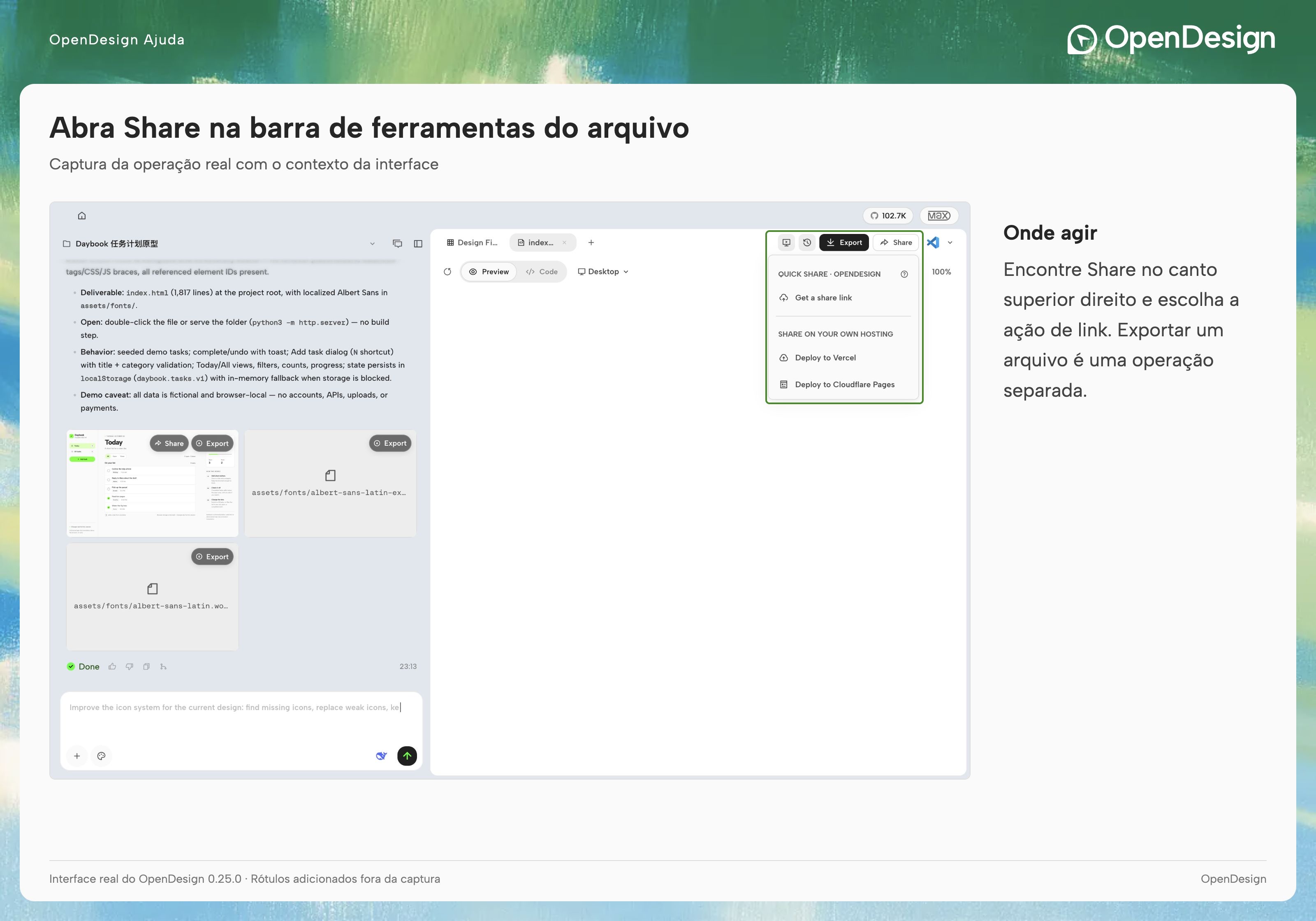 Encontre Share e as ações para publicar, copiar ou retirar um link de artefato.
