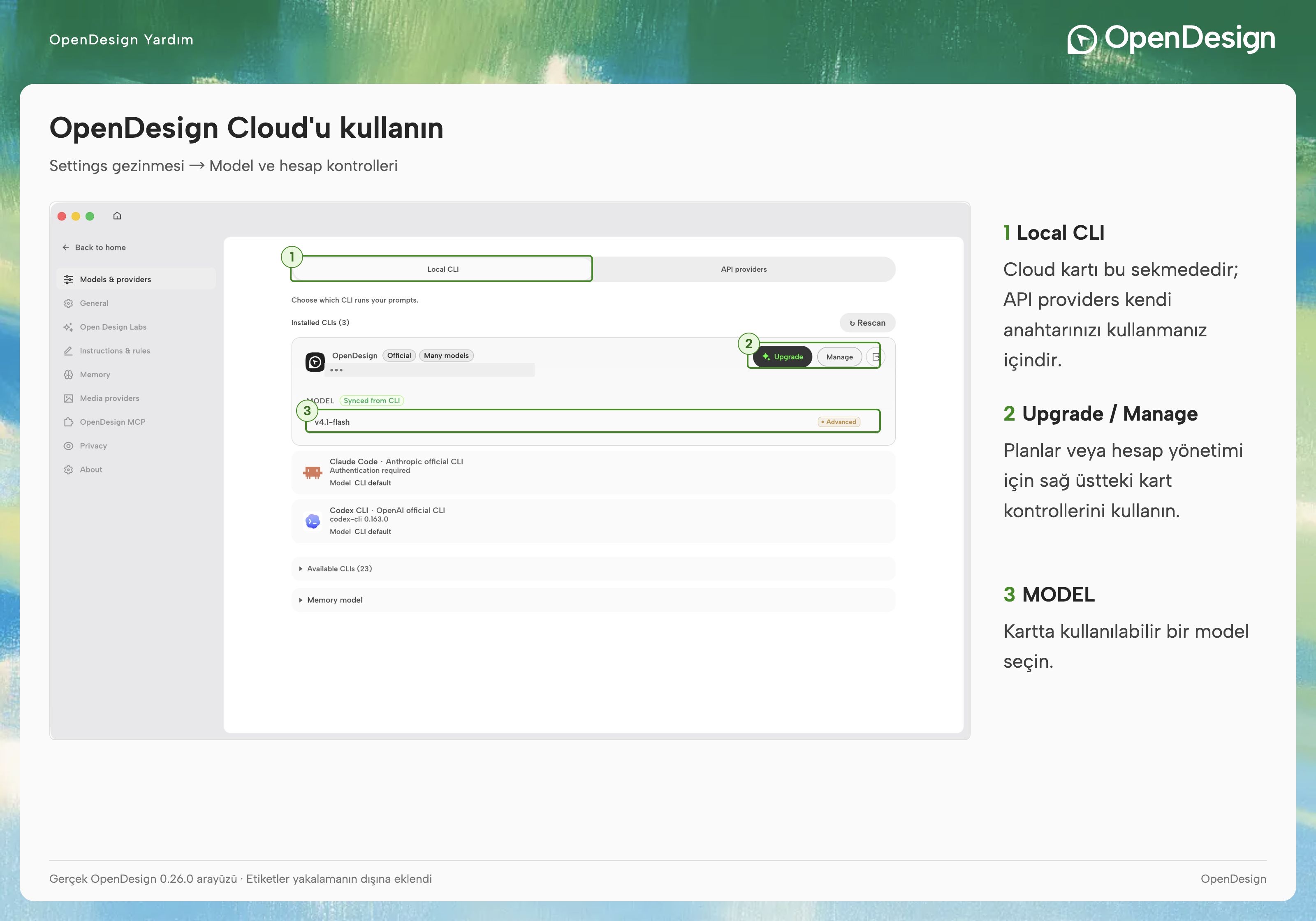 Model, Upgrade ve Manage kontrollerini içeren OpenDesign Cloud kartı.