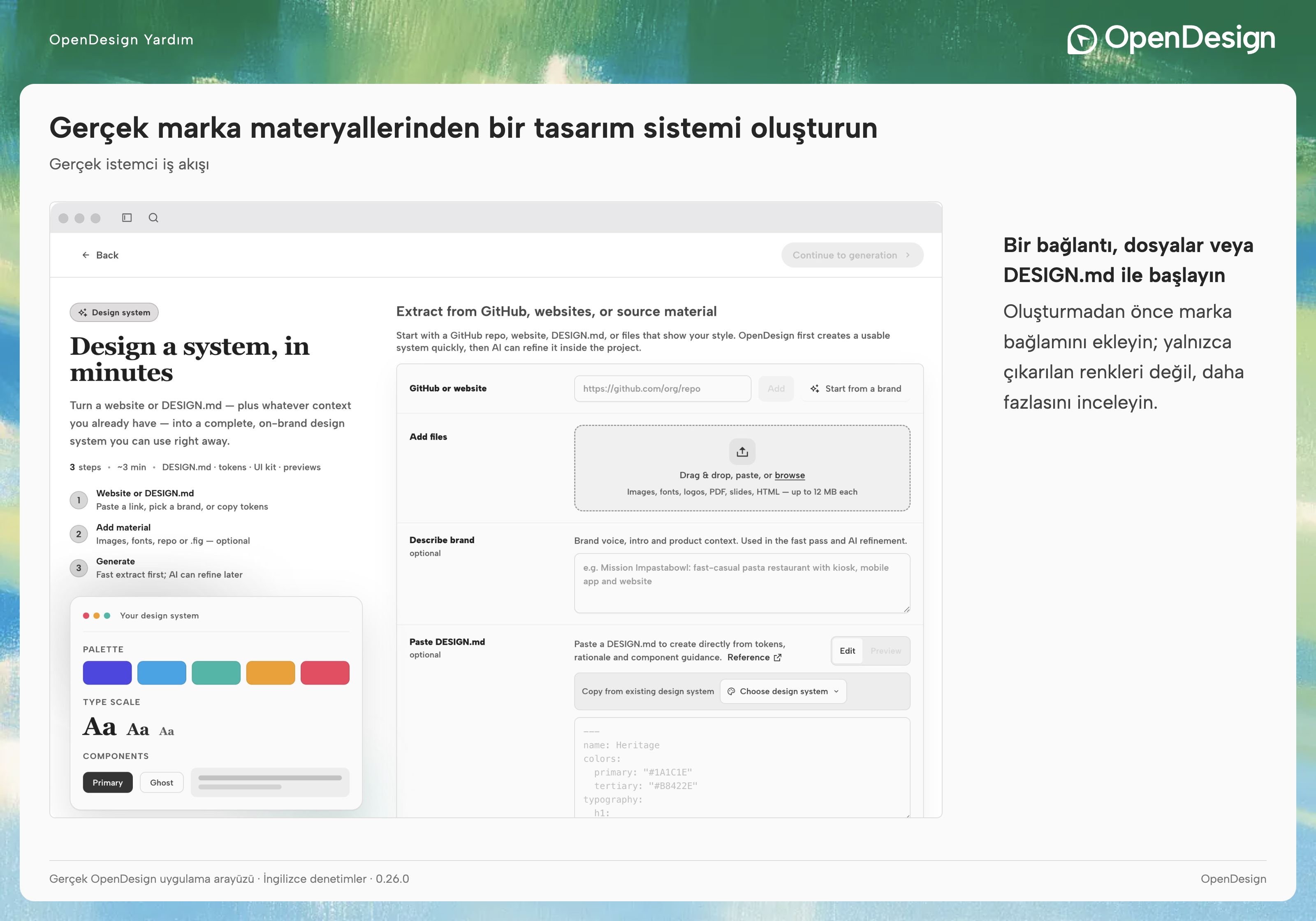 Kaynak bağlantıları, dosyalar, marka açıklaması ve DESIGN.md girişleri bulunan tasarım sistemi oluşturma ekranı.